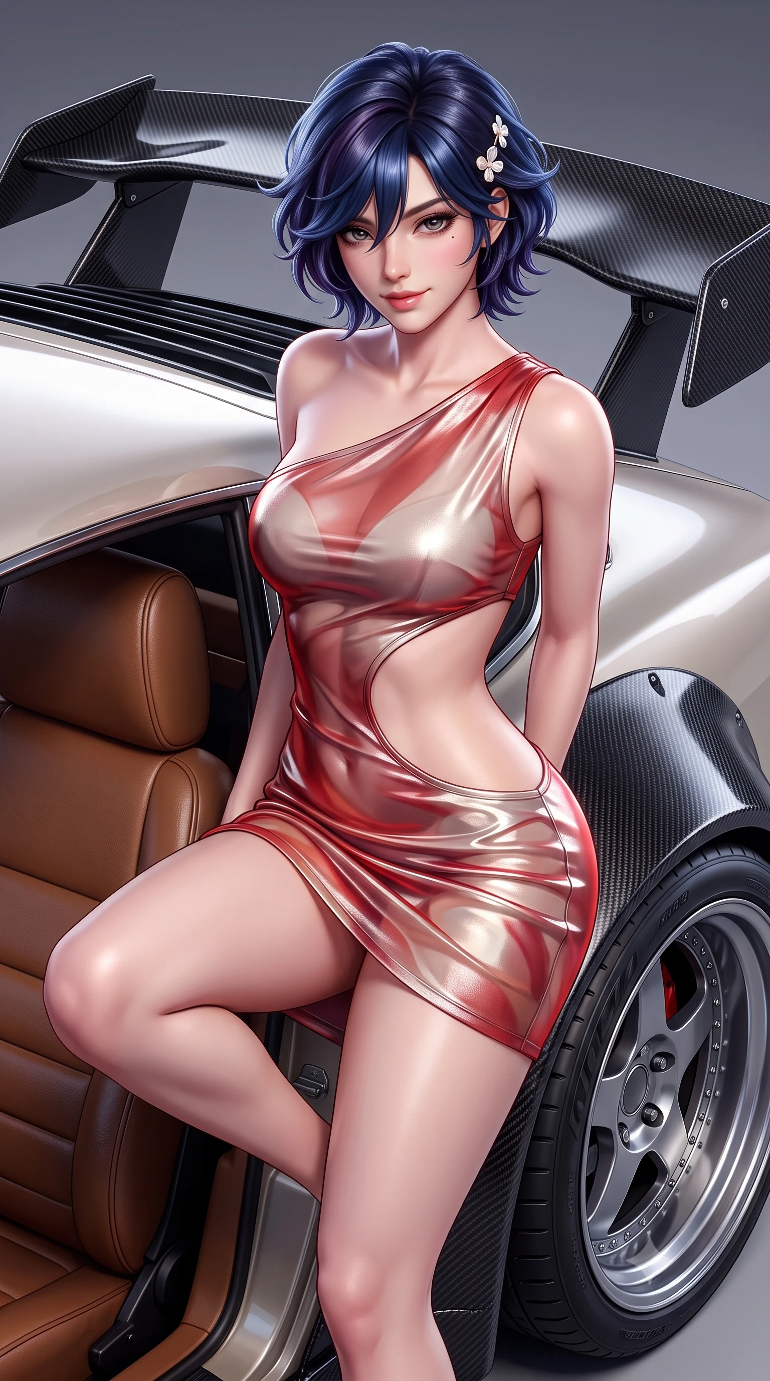 score_9, masterpiece, best quality, ultra-detailed, high-budget anime keyframe, semi-realistic 3D game render, editorial fashion photography, tasteful artistic composition, Korean woman. close-up cowboy shot from the waist and thighs up, the character dominates the composition, filling the frame with her large presence. perched sideways on the lounge seat, one knee drawn up to showcase her slender leg line while her arched back accentuates her feminine hip curve while leaning against the sleek rear spoiler of a customized vintage sports car with hips cocked back, casting a daring bedroom-gaze. The surrounding environment is rendered in vivid detail and crisp panoramic clarity: sharp carbon-fiber aerodynamic wing weave, multi-piece alloy wheel rims, and tire tread grooves in deep focus. She has an exceptionally elegant, slender, and willowy female figure with an ultra-slim waist, flat toned midriff, narrow ribcage, and sculpted feminine hips creating an alluring, slim hourglass silhouette without bulk. sharp v-shaped jawline, high-bridge nose, sparkling eyes with hypnotic seductive depth, thick curled eyelashes, glossy parted lips with a natural dewy peach sheen, alluring bedroom-eyes with an enchanting coquettish smile, exuding magnetic siren charisma and sophisticated glamour, flawlessly proportioned anatomical accuracy, strict slender model proportions, natural body alignment, perfectly sculpted long slender limbs, ultra-slim waistline, clean dynamic posture without body distortion. wearing an asymmetric one-shoulder metallic disco mini dress with a dramatic side cutout hugging her waist and hips in royal vermilion crimson and pale ivory silk, made of delicate semi-sheer Korean gossamer organza with subtle pearlescent glints, finished with delicate mother-of-pearl hairpin ornaments glinting in her dark glossy hair, the high-slit wrap tailoring accentuating her ultra-slim waistline and the enchanting curve of her feminine hips with alluring seductive charm. illuminated by car hood specular bounce and sharp platinum rim lights sculpting her razor-sharp jawline, flat midriff, and curvaceous hips. highly saturated vibrant anime colors, detailed shading with soft gradients, rich glossy textures, high-contrast stereoscopic depth, volumetric dynamic lighting, master piece, 9:16 ratio