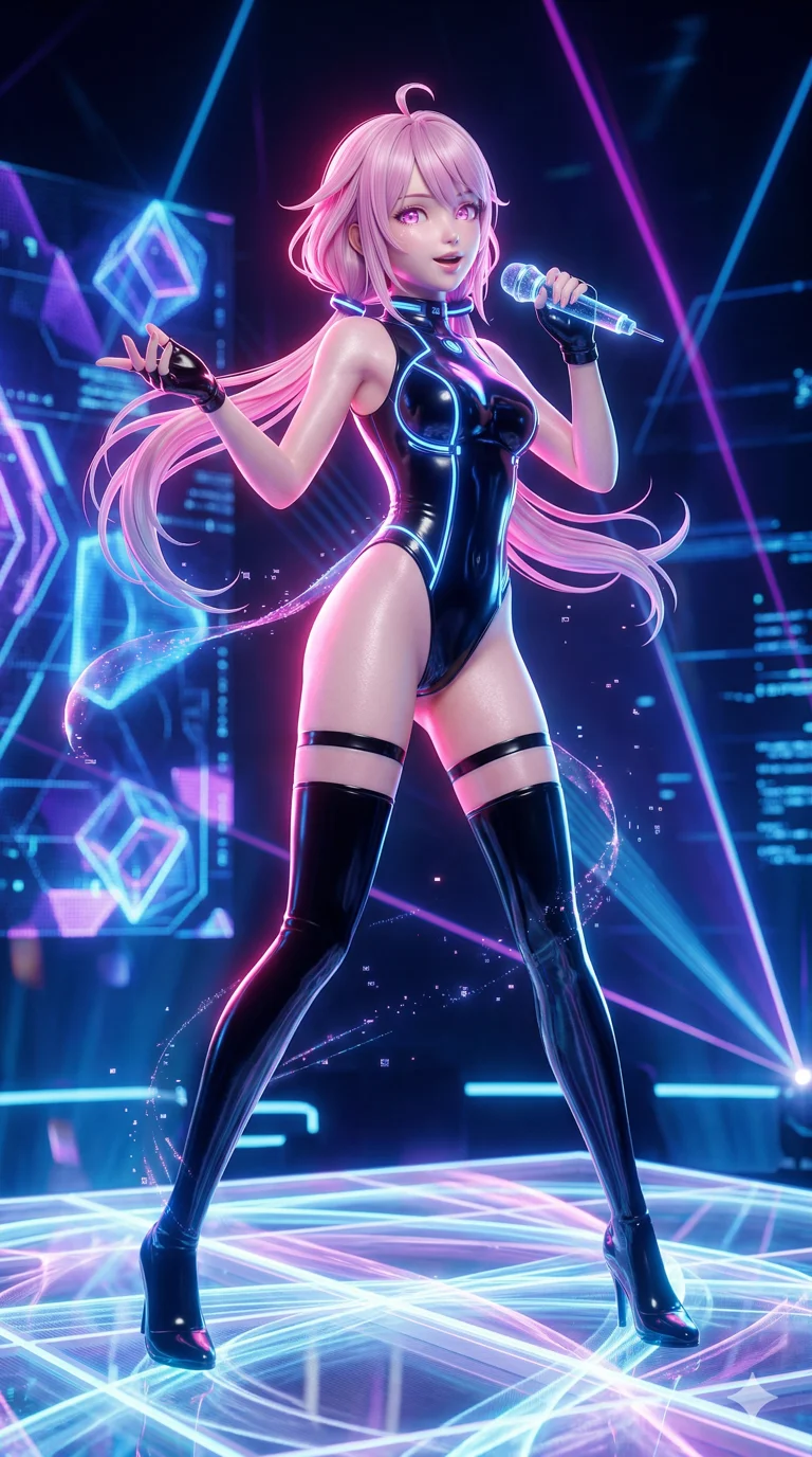 score_9, masterpiece, best quality, ultra-detailed, photorealistic 8k CG render, an incredibly beautiful Japanese woman. Dynamic full-body shot stretching the frame vertically. She is a VR idol performing a private concert in a digital space. She has an absolutely perfect 8-heads proportion, an exceptionally tall female figure with impossibly long legs and a voluptuous body. Her face is a masterpiece with pastel pink hair and glowing eyes. She is wearing a high-cut glossy latex outfit with zettai ryouiki, highlighting her alluring silhouette. Digital artifacts and laser lights, dramatic rim lighting, radiant glowing skin, 2k, ultra detail, master piece, 9:16 ratio