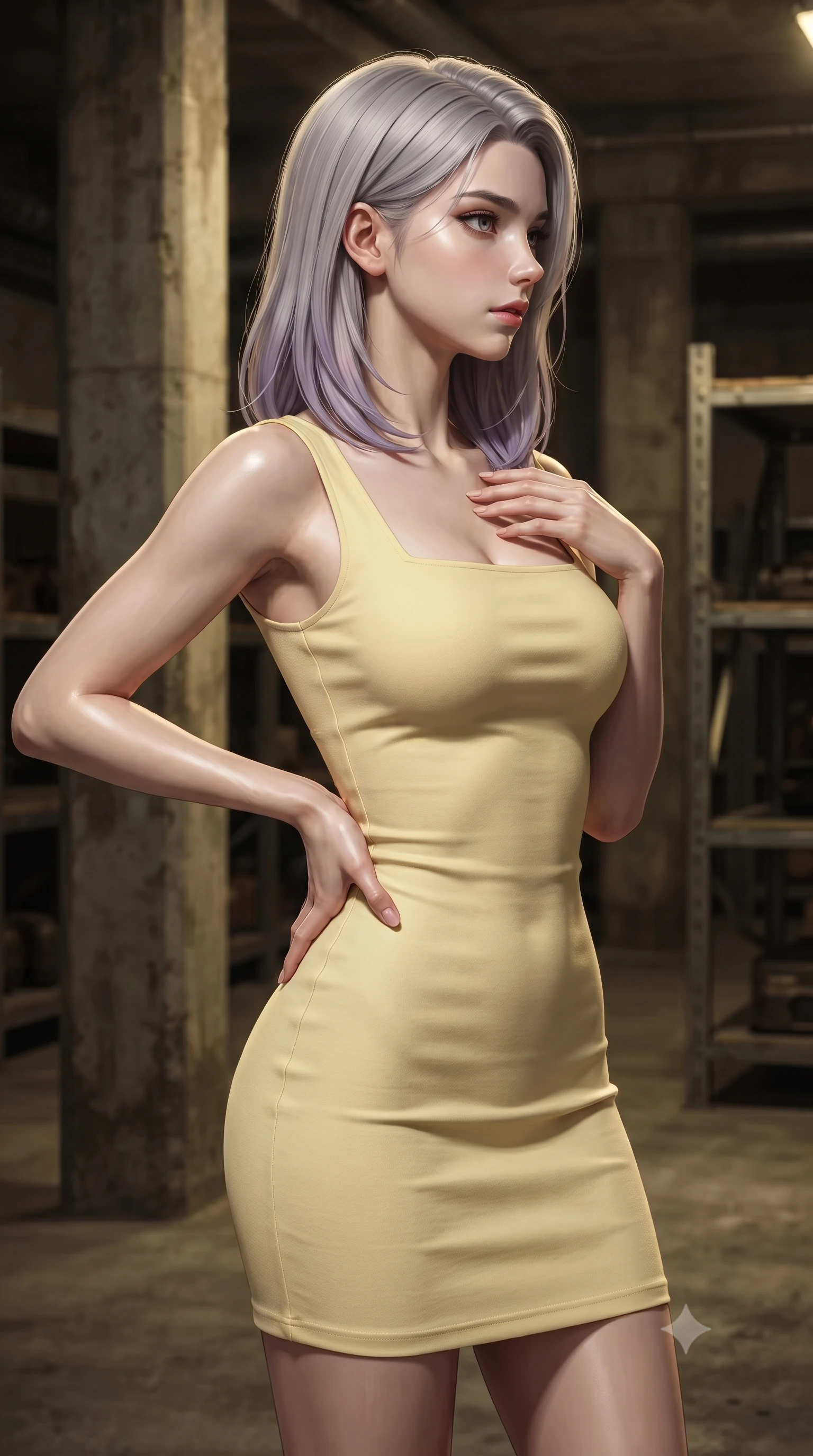 score_9, masterpiece, best quality, ultra-detailed, high-budget anime keyframe, editorial fashion photography, tasteful artistic composition, Caucasian woman. close-up cowboy shot from the waist and thighs up, the character dominates the composition, filling the frame with her large presence, background elements kept in soft focus. turning her face in sharp profile, casting a cold, mysterious, yet intensely alluring side gaze, the background shows a soft-focus a secret underground bunker garage with heavy concrete columns and steel racks. She has an exceptionally elegant, slender, and willowy female figure with an ultra-slim waist, a gracefully sculpted slender torso, and a refined silhouette. sharp v-shaped jawline, high-bridge nose, intricate jewel-like eyes with depth, thick eyelashes, glossy lips with a natural sheen. wearing a form-contouring casual summer sundress in pale yellow cotton with a simple square neckline. harsh sodium yellow spotlights casting long dramatic industrial shadows. ultra-reflective glossy finish, specular highlights, metallic sheen, high-contrast stereoscopic depth, volumetric dynamic lighting, 2k, ultra detail, master piece, 9:16 ratio