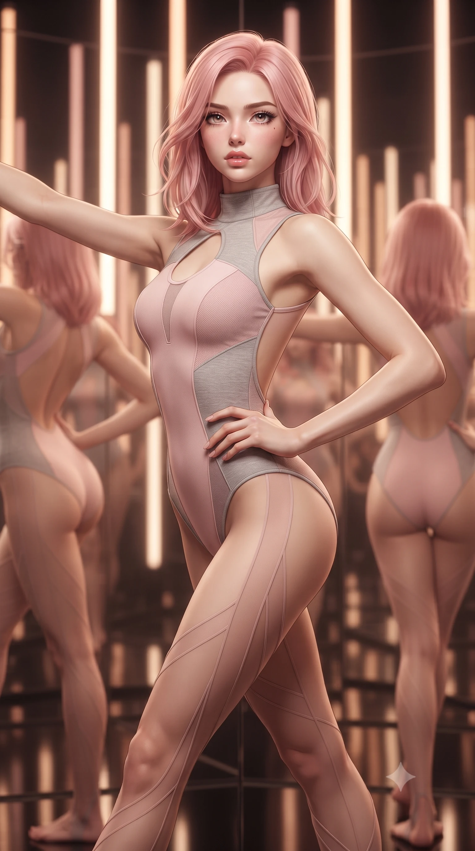 score_9, masterpiece, best quality, ultra-detailed, high-budget anime keyframe, editorial fashion photography, tasteful artistic composition, Japanese woman. close-up cowboy shot from the waist and thighs up, the character dominates the composition, filling the frame with her large presence. tilting her chin up with proud, sovereign allure while gazing through thick eyelashes, one hand resting on her waist in pure supermodel charisma while executing an elegant mid-motion arabesque turn before the mirrors, the tight fabric sculpting her feminine hip contour with statuesque precision. The composition keeps background elements in soft focus with creamy bokeh. infinite studio mirror reflections and warm vertical light tubes blurred into glowing amber, rose-gold, and ivory bokeh. She has an exceptionally elegant, slender, and willowy female figure with an ultra-slim waist, a gracefully sculpted slender torso, toned flat midriff, and rounded feminine hips creating an alluring hourglass silhouette. sharp v-shaped jawline, high-bridge nose, intricate jewel-like eyes with depth, thick eyelashes, glossy parted lips with a natural sheen, intensely captivating and seductive bedroom-eyes expression, flawlessly proportioned anatomical accuracy, strict slender model proportions, natural body alignment, perfectly sculpted long slender limbs, ultra-slim waistline, clean dynamic posture without body distortion. wearing a high-neck dance leotard with keyhole chest cutout and low-cut backline in ballet blush pink and soft heather grey, crafted from ultra-soft supple matte spandex with second-skin elasticity, accented with sheer stirrup wrap ribbons along her long slender legs, the dramatically scooped open back descending to the base of her spine, accentuating her razor-sharp statuesque lines and curvy hourglass silhouette. illuminated by crisp specular rim lights accentuating her narrow waist, curved hips, and long legs. ultra-reflective glossy finish, specular highlights, rich textural contrasts, high-contrast stereoscopic depth, volumetric dynamic lighting, 2k, ultra detail, master piece, 9:16 ratio