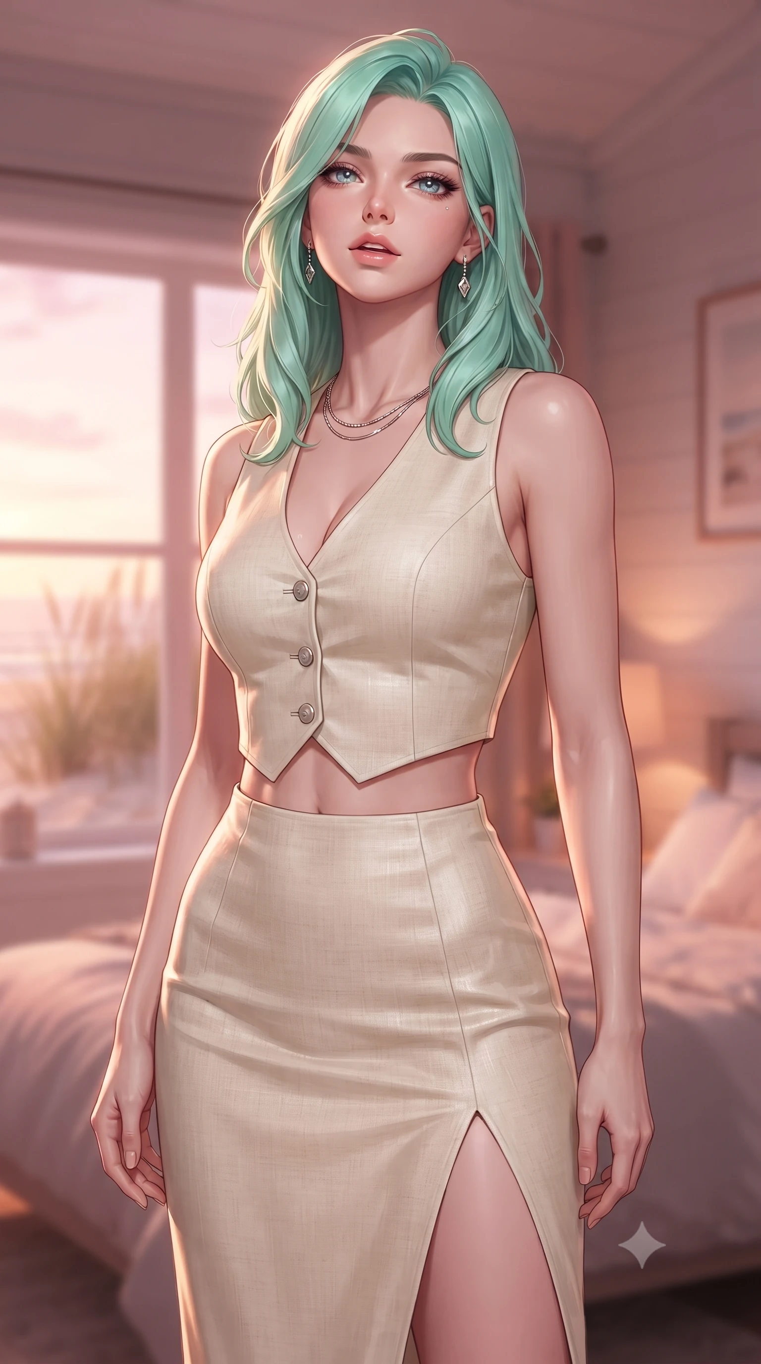 score_9, masterpiece, best quality, ultra-detailed, high-budget anime keyframe, editorial fashion photography, tasteful artistic composition, Japanese woman woman. close-up cowboy shot from the waist and thighs up, the character dominates the composition, filling the frame with her large presence, background elements kept in soft focus. tilting her chin up slightly with lips parted in a composed, provocative expression the background shows a soft-focus a cozy cottage bedroom surrounded by beachgrass, with a view of sand dunes. She has an exceptionally elegant, slender, and willowy female figure with an ultra-slim waist, a gracefully sculpted slender torso, and a refined silhouette. sharp v-shaped jawline, high-bridge nose, intricate jewel-like eyes with depth, thick eyelashes, glossy lips with a natural sheen. wearing a form-contouring tailored vacation outfit of a linen crop vest and a matching side-slit midi skirt, revealing a subtle waist cutout. soft pink and amber sunset glow painting the room in a romantic wash. ultra-reflective glossy finish, specular highlights, metallic sheen, high-contrast stereoscopic depth, volumetric dynamic lighting, 2k, ultra detail, master piece, 9:16 ratio