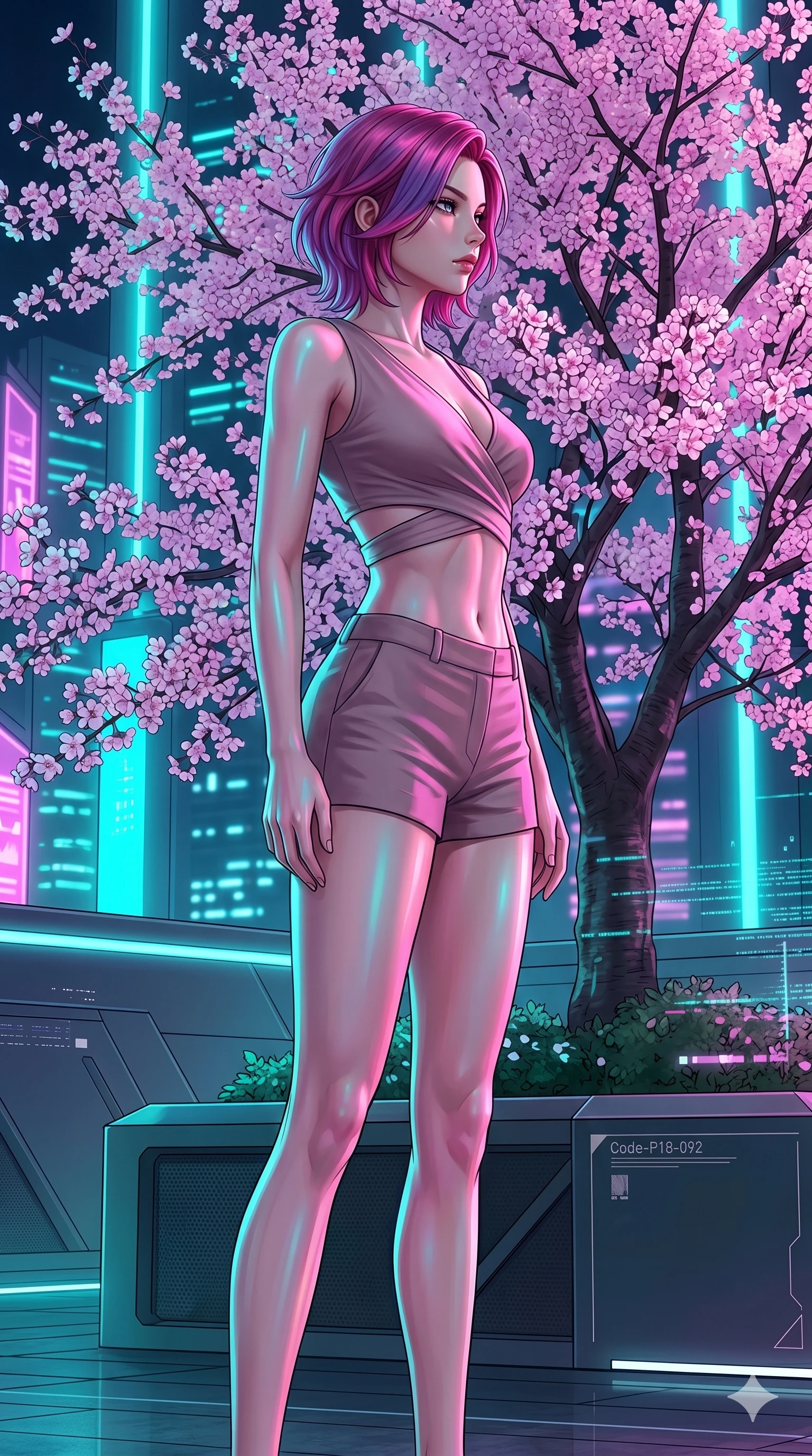 score_9, masterpiece, best quality, ultra-detailed, high-budget anime keyframe, editorial fashion photography, tasteful artistic composition, Caucasian woman, strictly human ears. cowboy shot from the thighs up, character and outfit filling the frame for maximum editorial presence. standing proud, her face turned in sharp profile, casting a cold and mysterious gaze standing under a blooming cherry tree in a modern cybernetic garden (Code-P18-092). She has an absolutely perfect 8-heads proportion, an exceptionally tall and slender female figure with impossibly long slender legs and an ultra-slim waist. V-shaped jawline, high-bridge nose, intricate jewel-like eyes with depth, thick eyelashes, glossy lips with a natural sheen. wearing a wrap top showing her sculpted midriff paired with tailored shorts. vibrant magenta and cyan city lights casting colorful specular highlights on her skin. 2k, ultra detail, master piece, 9:16 ratio