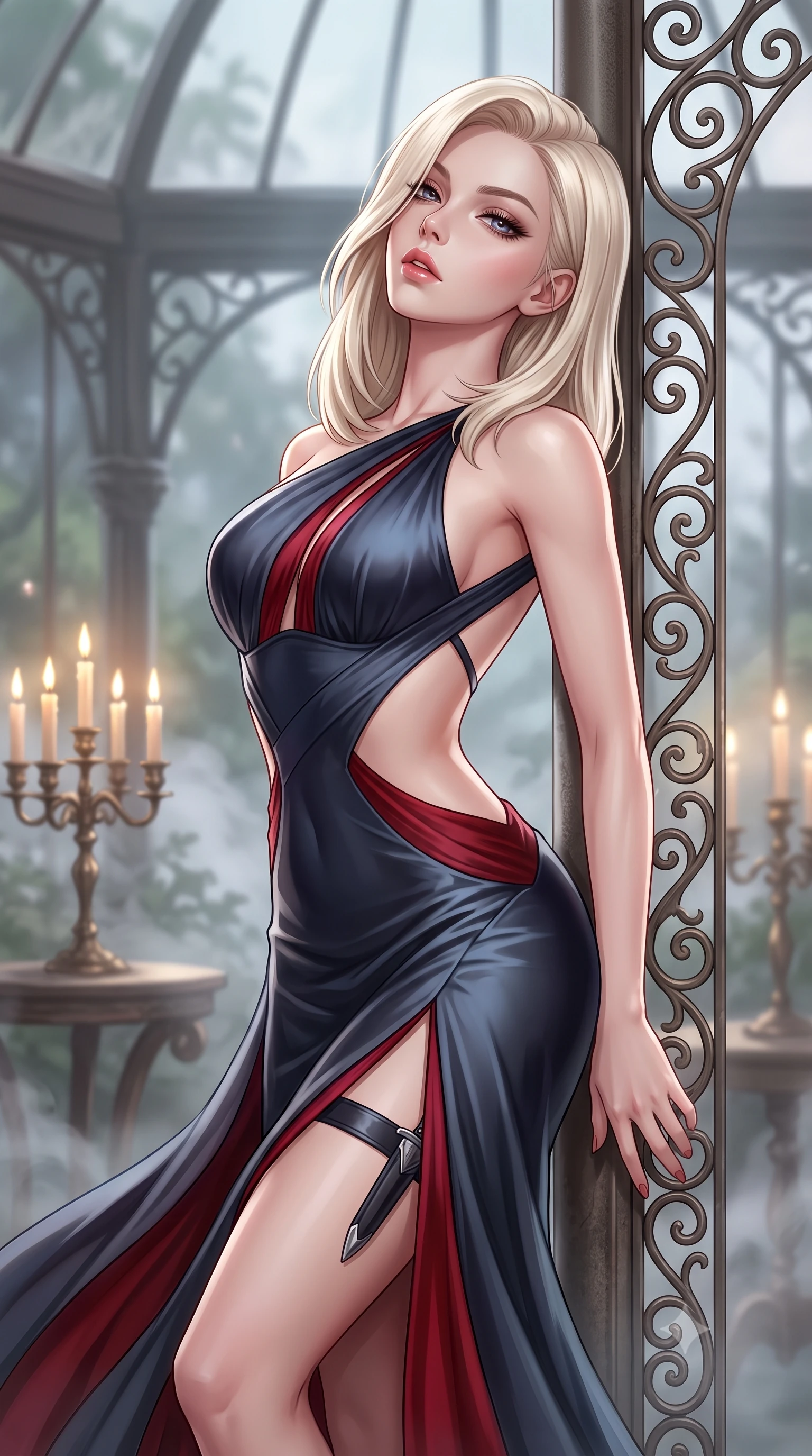 score_9, masterpiece, best quality, ultra-detailed, high-budget anime keyframe, semi-realistic 3D game render, editorial fashion photography, tasteful artistic composition, Caucasian woman. close-up cowboy shot from the waist and thighs up, the character dominates the composition, filling the frame with her large presence. tilting her chin up with proud, sovereign allure while gazing through thick eyelashes with an irresistible, dangerous bedroom-gaze while leaning back against an ornate wrought-iron conservatory pillar, head tilted in ecstasy with parted glossy lips. The composition keeps background elements in soft focus with creamy bokeh. flickering antique candelabras and swirling garden mist softened in dreamy romantic shallow focus. She has an exceptionally elegant, slender, and willowy female figure with an ultra-slim waist, a gracefully sculpted slender torso, toned flat midriff, and a refined slim silhouette. sharp v-shaped jawline, high-bridge nose, intricate jewel-like eyes with depth, thick eyelashes, glossy parted lips with a natural sheen, intensely captivating and seductive expression, flawlessly proportioned anatomical accuracy, strict slender model proportions, natural body alignment, perfectly sculpted long slender limbs, ultra-slim waistline, clean dynamic posture without body distortion. wearing a sculptured liquid-satin mermaid gown with an architectural open-waist cutout and bare spine in midnight slate and deep scarlet accents, woven from layered gossamer chiffon with a weightless sweeping drape, equipped with a concealed dagger sheath garter under her slit skirt, the liquid-tight tailored fabric emphasizing every curve of her tall, slender model proportions and sculptured silhouette during dynamic movement. surrounded by a seductive, aristocratic, and dangerously alluring vampire queen aura. highly saturated vibrant anime colors, detailed shading with soft gradients, rich glossy textures, high-contrast stereoscopic depth, volumetric dynamic lighting, master piece, 9:16 ratio