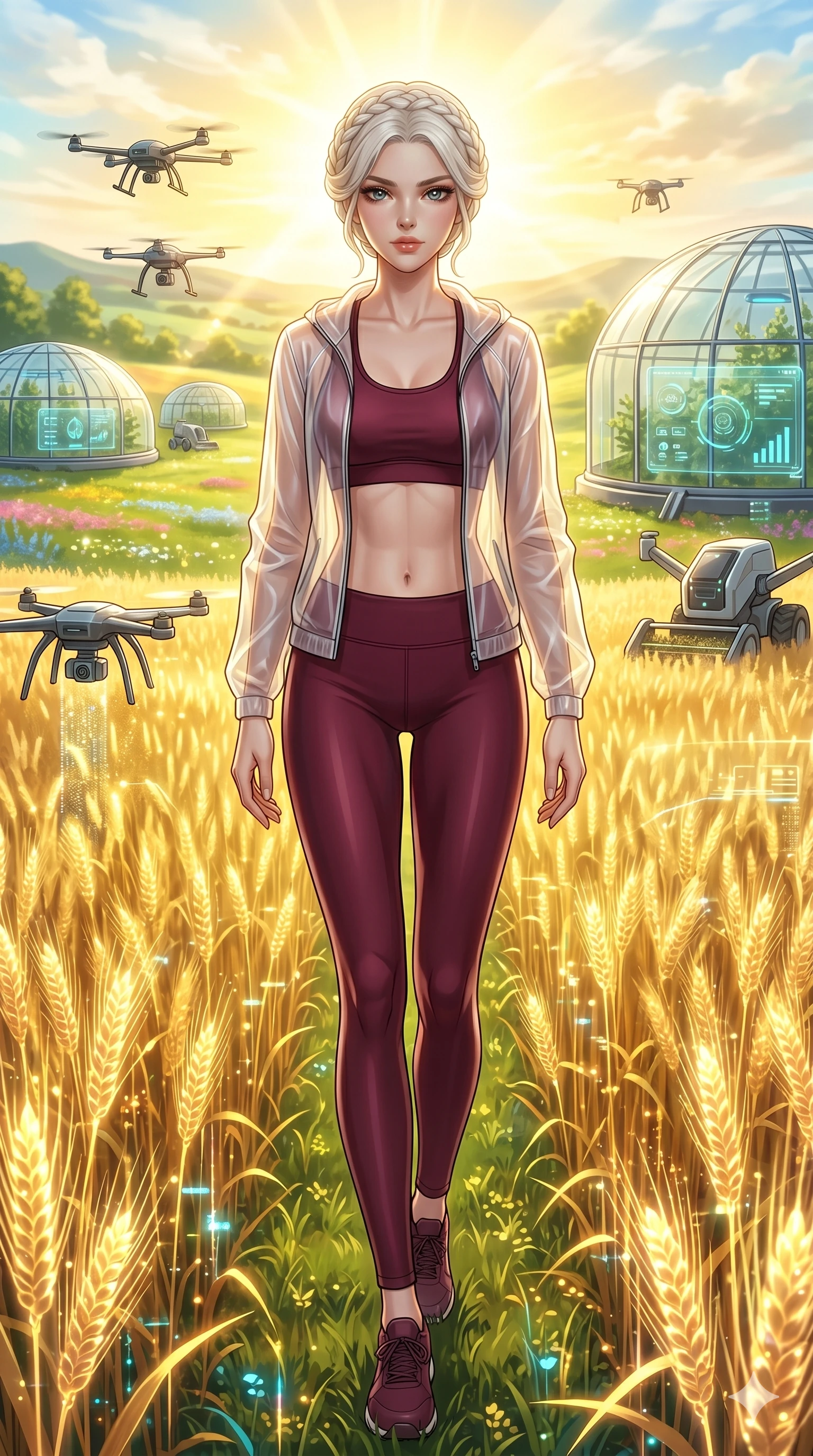 score_9, masterpiece, best quality, ultra-detailed, High-budget Anime Keyframe, beautiful Japanese anime girl. Low angle cowboy shot filling the entire 9:16 frame with her statuesque presence. Walking through a field of glowing grain under a golden sun in a high-tech farm. She has an absolutely perfect 8-heads proportion, an exceptionally tall and slender female figure with impossibly long slender legs and an ultra-slim waist. Sharp v-shaped jawline, high-bridge nose, intricate jewel-like eyes with depth, thick eyelashes, glossy lips with a natural sheen. Wearing a Premium Athleisure outfit: sleek burgundy activewear with a sheer windbreaker and exposed midriff. Background is a bright and colorful meadow with golden holographic wheat and vibrant sunlight. 2k, ultra detail, master piece, 9:16 ratio