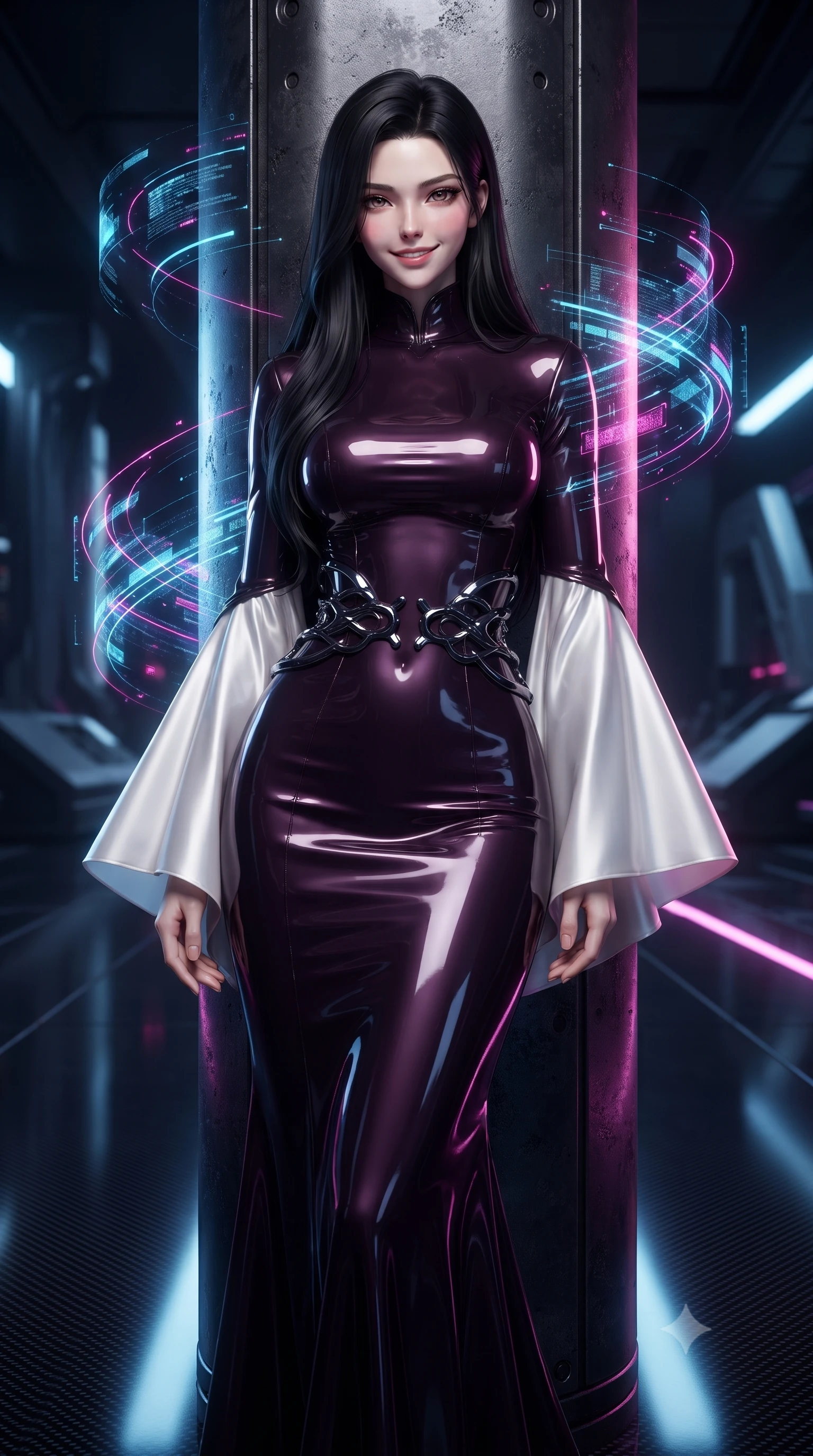 score_9, masterpiece, best quality, ultra-detailed, high-budget anime keyframe, editorial fashion photography, tasteful artistic composition, Korean woman. close-up cowboy shot from the waist and thighs up, the character dominates the composition, filling the frame with her large presence, background elements kept in soft focus. Smiling with quiet, magnetic self-assurance directly into the camera, resting against a dark metallic pillar as holographic data streams orbit her form, dark carbon fiber floor creating sharp specular mirror reflections. She has an exceptionally elegant, slender, and willowy female figure with an ultra-slim waist, a gracefully sculpted slender torso, and a refined silhouette. sharp v-shaped jawline, high-bridge nose, intricate jewel-like eyes with depth, thick eyelashes, glossy lips with a natural sheen. wearing gothic high-collar dark plum silk evening gown with bell sleeves in pearl white, made of high-gloss liquid vinyl, accented with sculpted obsidian chrome rings at the waist, sculpting her athletic slender build with refined precision. bathed in high-contrast digital neon rim light and pitch-dark ambient shadows. ultra-reflective glossy finish, specular highlights, metallic sheen, high-contrast stereoscopic depth, volumetric dynamic lighting, 2k, ultra detail, master piece, 9:16 ratio