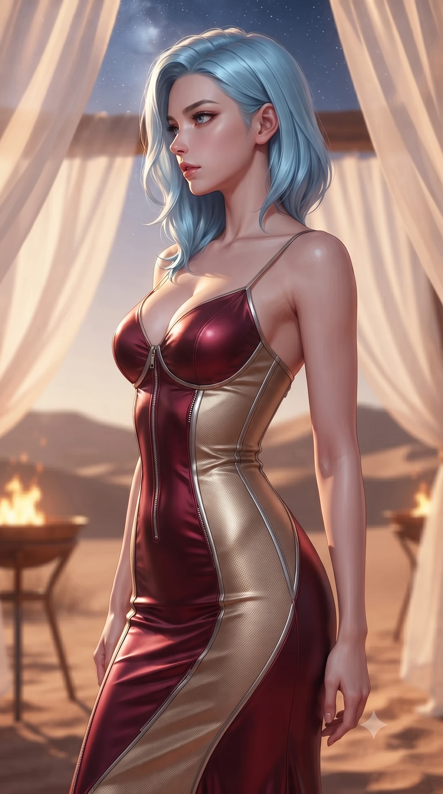 score_9, masterpiece, best quality, ultra-detailed, high-budget anime keyframe, editorial fashion photography, tasteful artistic composition, Korean woman. close-up cowboy shot from the waist and thighs up, the character dominates the composition, filling the frame with her large presence, background elements kept in soft focus. Turning her face in sharp dramatic profile against the key light, looking back with a magnetic gaze as bronze braziers cast warm rim rays, sheer white linen canopy fluttering gently in the warm desert breeze. She has an exceptionally elegant, slender, and willowy female figure with an ultra-slim waist, a gracefully sculpted slender torso, and a refined silhouette. sharp v-shaped jawline, high-bridge nose, intricate jewel-like eyes with depth, thick eyelashes, glossy lips with a natural sheen. wearing form-contouring dark crimson liquid silk long slip dress in champagne gold, made of matte carbon-fiber weave, finished with metallic silver boning and sleek zipper points, accentuating her gracefully sculpted slender torso. illuminated by warm flickering brazier rays and cold silver starlight from above. highly saturated vibrant anime colors, detailed shading with soft gradients, rich glossy textures, high-contrast stereoscopic depth, volumetric dynamic lighting, master piece, 9:16 ratio