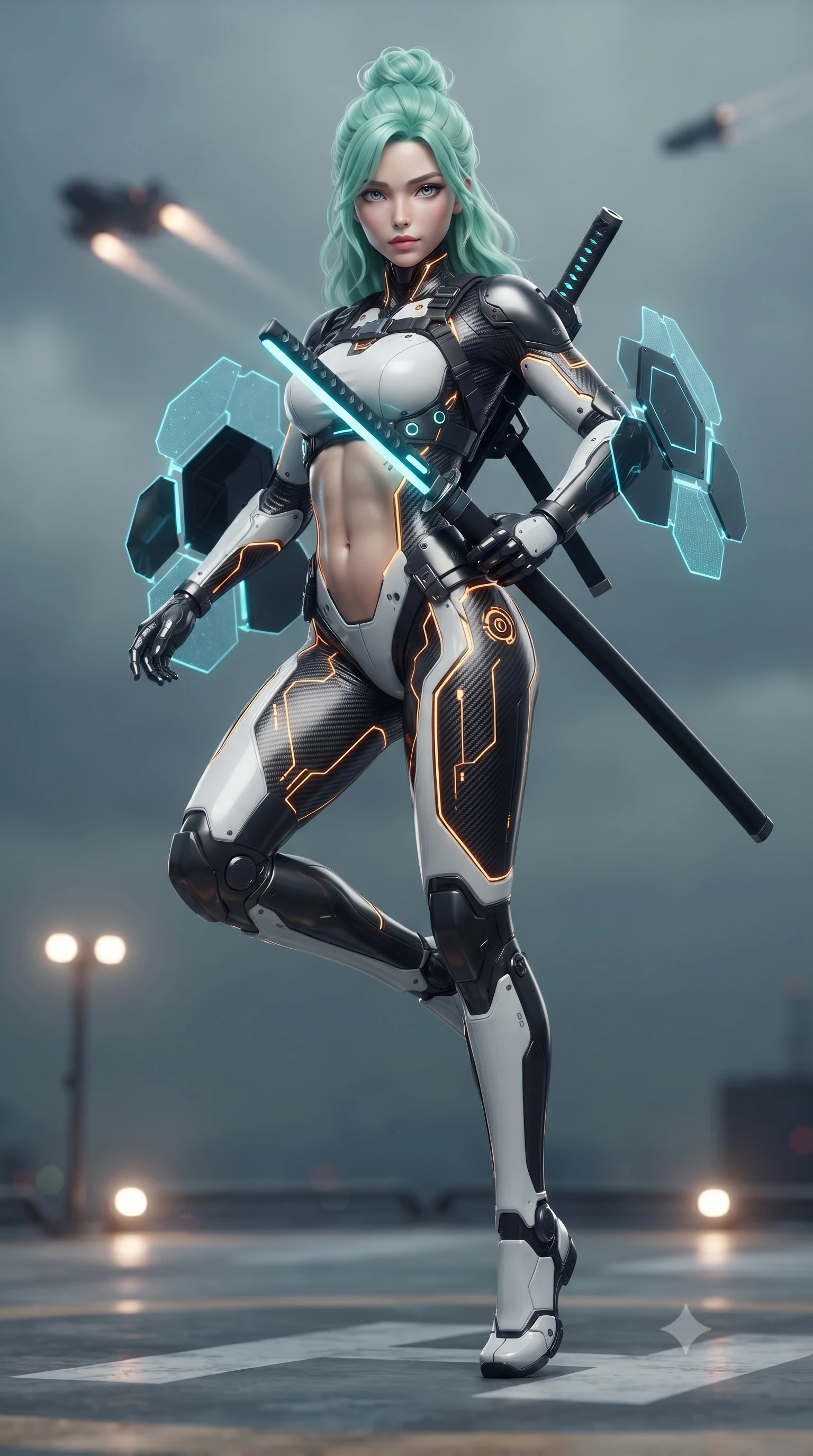 score_9, masterpiece, best quality, ultra-detailed, high-budget anime keyframe, editorial fashion photography, tasteful artistic composition, Japanese woman. low angle full-body shot from head to toe showing her feet, filling the entire 9:16 vertical frame with her statuesque presence, stretching her vertical silhouette. performing an alluring mid-air combat landing with flawless poise, looking directly into the camera with regal, deadly intensity while sheathing her sleek plasma katana with effortless supermodel poise while casting a sovereign, captivating direct gaze into the lens. The composition keeps background elements in soft focus with creamy bokeh. helipad landing lights and flying vehicle exhaust trails softened in moody shallow focus. She has an absolutely perfect, statuesque 8.5-heads proportion, an exceptionally tall and slender model-like female figure with impossibly long slender legs, a toned flat midriff, and an ultra-slim waist. sharp v-shaped jawline, high-bridge nose, intricate jewel-like eyes with depth, thick eyelashes, glossy lips with a natural sheen, flawlessly proportioned anatomical accuracy, strict slender model proportions, natural body alignment, perfectly sculpted long slender limbs, ultra-slim waistline, clean dynamic posture without body distortion. wearing a high-contrast monochrome white-and-black carbon-composite exoskeleton suit with glowing amber circuitry, deploying floating hexagonal holographic energy shields with sovereign grace in matte obsidian carbon black with electric cyan conduits, crafted from ultra-strong woven carbon-fiber composite with a satin luster, reinforced by a sleek titanium tactical harness and glowing micro-energy straps, the sleek second-skin cut tightly hugging her graceful clavicle, narrow waist, and feminine curves with athletic precision. illuminated by crisp white key lighting with sharp specular highlights tracing her sculpted carbon armor curves. ultra-reflective glossy finish, specular highlights, dark metallic sheen, high-contrast stereoscopic depth, volumetric dynamic lighting, 2k, ultra detail, master piece, 9:16 ratio