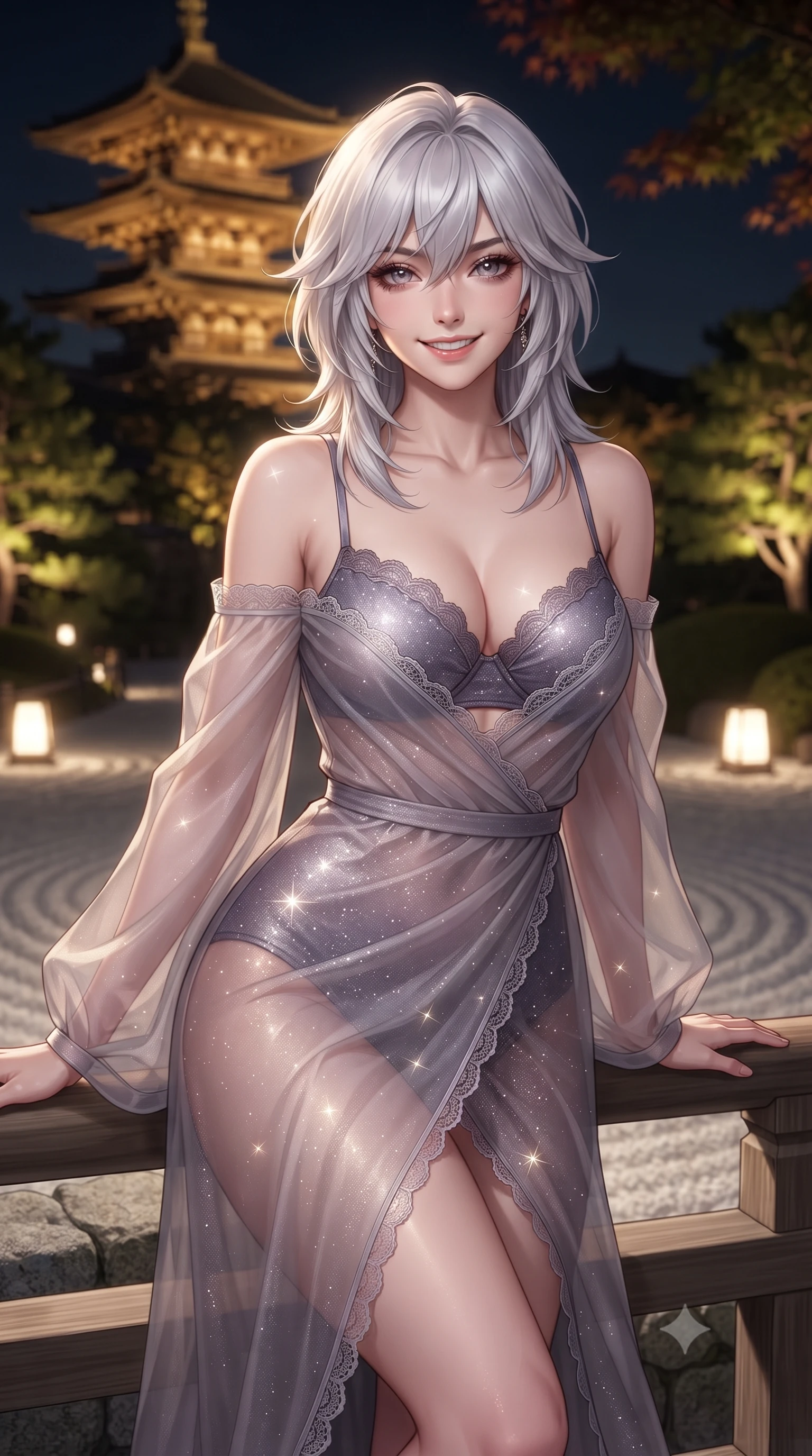 score_9, masterpiece, best quality, ultra-detailed, high-budget anime keyframe, editorial fashion photography, tasteful artistic composition, Japanese woman. close-up cowboy shot from the waist and thighs up, the character dominates the composition, filling the frame with her large presence. leaning back against the balustrade with relaxed seductive grace, head tilted back slightly while casting a hypnotic, heavy-lidded gaze while leaning against the stone garden wall with hips cocked back, casting an alluring bedroom-gaze past raked gravel patterns. The background shows a soft-focus five-storied wooden Yasaka Pagoda illuminated in golden light, raked white gravel ripples, and dark maple branches blurred into topaz, moss green, and indigo bokeh. She has an exceptionally elegant, slender, and willowy female figure with an ultra-slim waist, flat toned midriff, narrow ribcage, and sculpted feminine hips creating an alluring, slim hourglass silhouette without bulk. sharp v-shaped jawline, high-bridge nose, intricate jewel-like sparkling eyes with depth, thick eyelashes, glossy parted lips with a natural peach sheen, bright cheerful beaming smile with an enchanting and coquettish sensual glint, exuding both youthful cute charm and seductive allure, flawlessly proportioned anatomical accuracy, strict slender model proportions, natural body alignment, perfectly sculpted long slender limbs, ultra-slim waistline, clean dynamic posture without body distortion. wearing a modern sheer organza kimono dress with wide sleeves slipping gracefully off bare shoulders over a fitted bralette in dusky lavender noir and liquid silver chrome, woven from stretch metallic lurex jersey casting radiant starlight glints across her curves, finished with scalloped eyelash lace trim framing her sweetheart neckline with intimate elegance, the high-slit wrap tailoring accentuating her ultra-slim waistline and the enchanting curve of her feminine hips with alluring seductive charm. bathed in golden floodlights illuminating the ancient wooden pagoda balanced with soft garden uplights. ultra-reflective glossy finish, specular highlights, rich textural contrasts, high-contrast stereoscopic depth, volumetric dynamic lighting, 2k, ultra detail, master piece, 9:16 ratio
