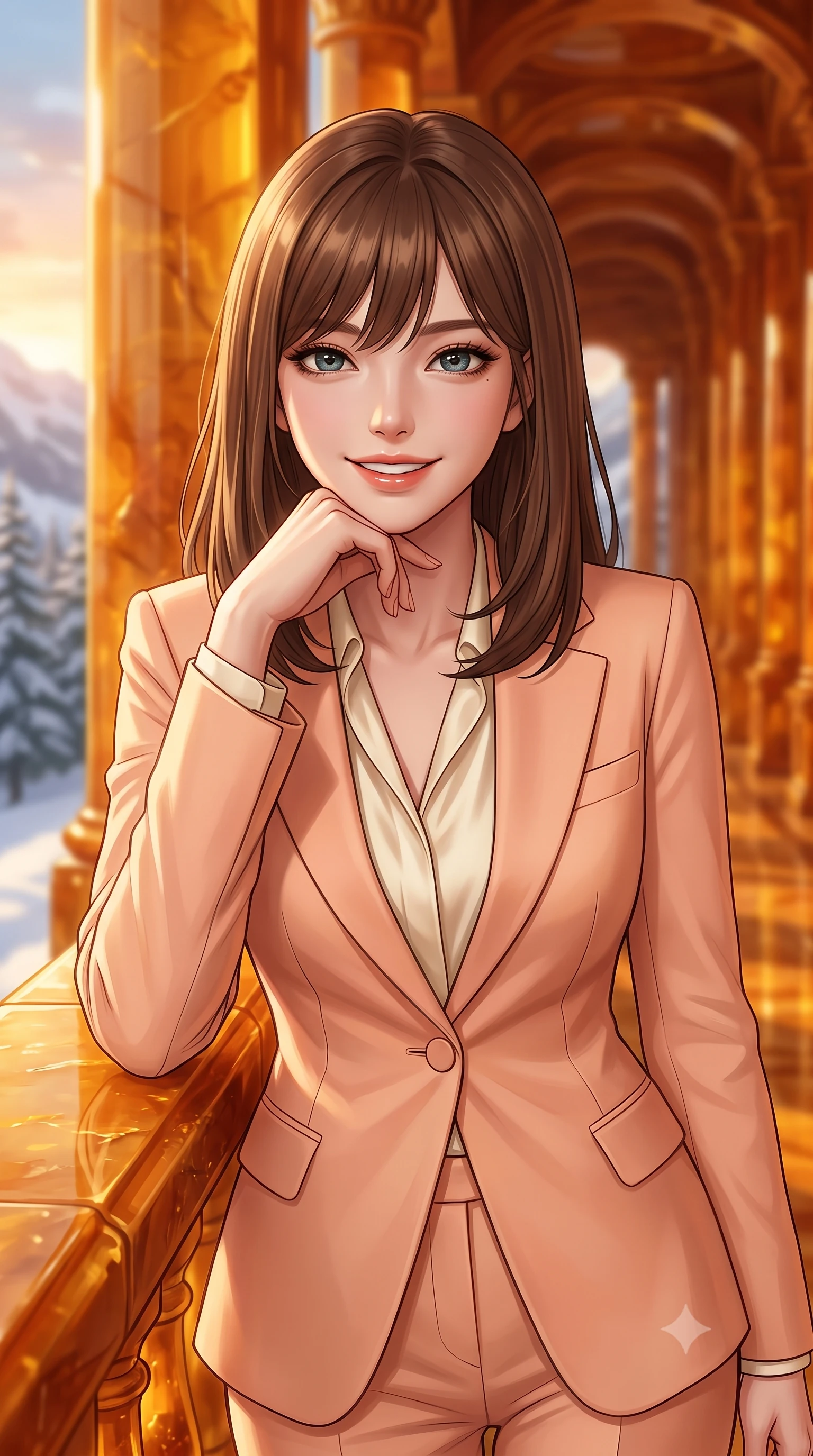 score_9, masterpiece, best quality, ultra-detailed, high-budget anime keyframe, editorial fashion photography, tasteful artistic composition, Korean woman. close-up cowboy shot from the waist and thighs up, the character dominates the composition, filling the frame with her large presence, background elements kept in soft focus. Resting her chin on her hand, smiling warmly with relaxed happiness. set against a soft-focus background of standing inside a grand corridor of a palace made entirely of warm fossilized amber in a snowy pine mountain valley, glowing from within during a winter sunset. She has an exceptionally elegant, slender, and willowy female figure with a highly-defined ultra-slim waist, a gracefully sculpted slender torso, and a refined slim-fit silhouette that contours her form. sharp v-shaped jawline, high-bridge nose, intricate jewel-like eyes with depth, thick eyelashes, glossy lips with a natural sheen. wearing a tailored pastel peach pantsuit with a single button, worn over a cream silk blouse. warm golden sunset rays reflecting off the polished amber columns, creating deep honey-colored shadows. 2k, ultra detail, master piece, 9:16 ratio