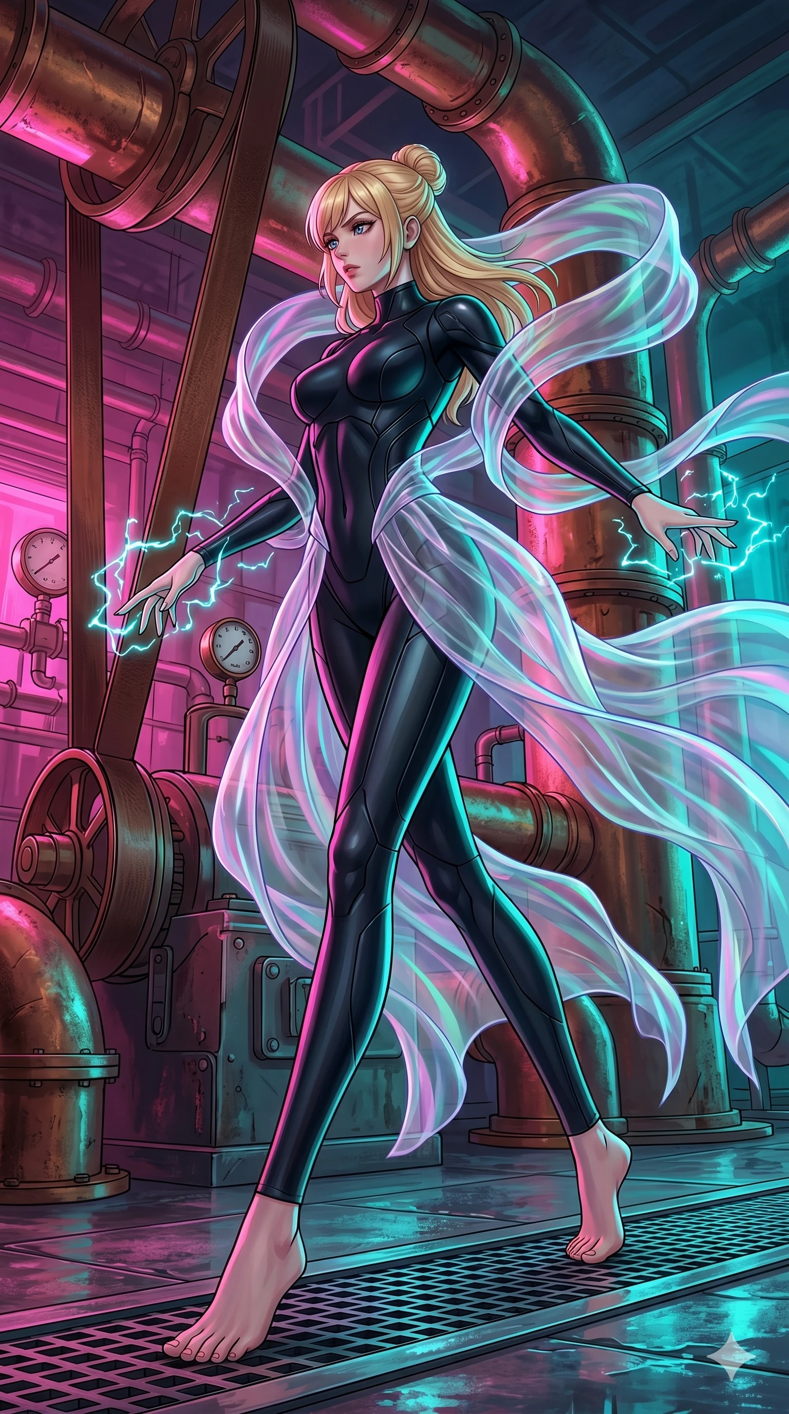 score_9, masterpiece, best quality, ultra-detailed, high-budget anime keyframe, editorial fashion photography, tasteful artistic composition, Caucasian woman, strictly human ears. low angle full-body shot from head to toe showing her feet, filling the entire 9:16 vertical frame with her statuesque presence, stretching her vertical silhouette. gliding through in a steampunk aurora foundry surrounded by massive copper pipes and leather belts while sparks of electric cyan light crackle around her fingertips. She has an absolutely perfect 8-heads proportion, an exceptionally tall and slender female figure with impossibly long slender legs and an ultra-slim waist. V-shaped jawline, high-bridge nose, intricate jewel-like eyes with depth, thick eyelashes, glossy lips with a natural sheen.. wearing a cybernetic bodysuit with a holographic ribbon, featuring a sculpted sleek black performance bodysuit wrapped in a translucent flowing holographic organza ribbon. lit by intense neon pink and turquoise dual-tone backlighting, creating a futuristic mood. 2k, ultra detail, master piece, 9:16 ratio