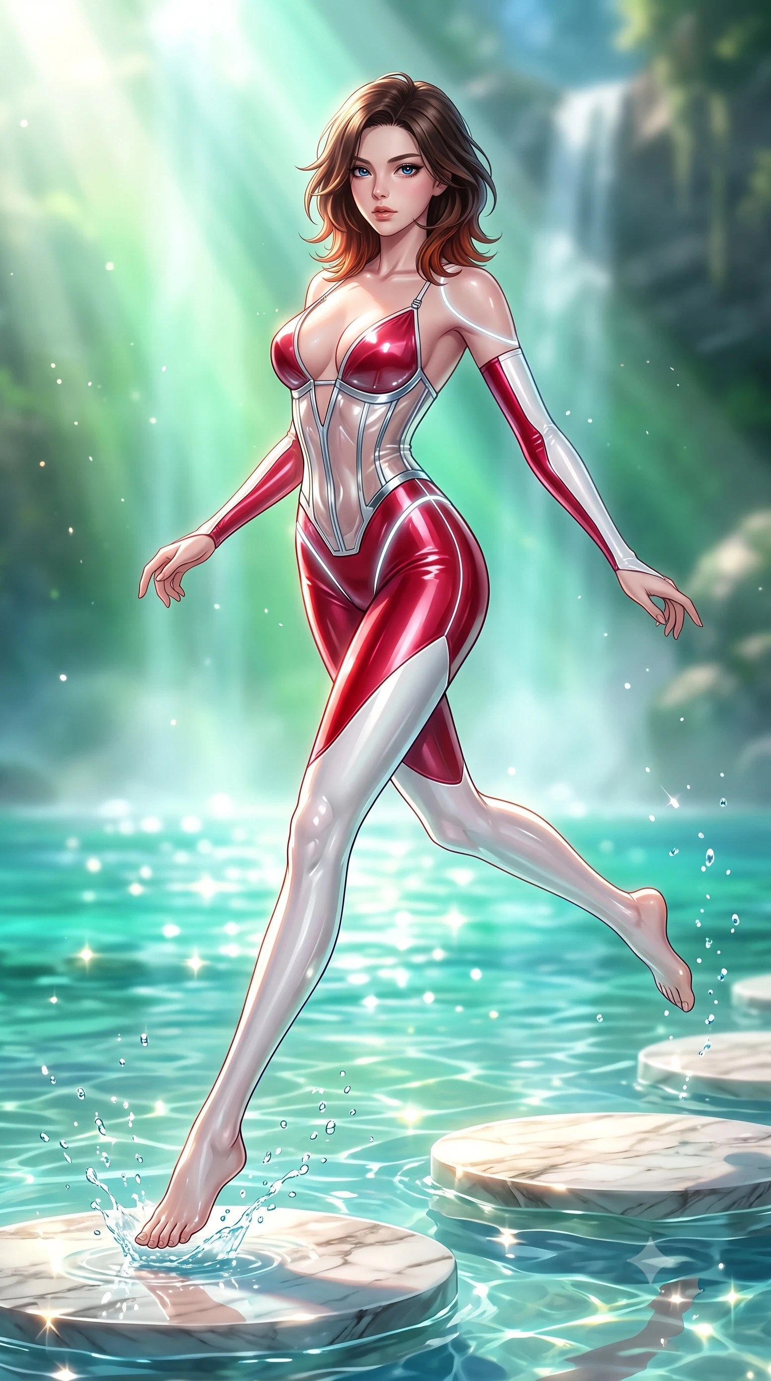 score_9, masterpiece, best quality, ultra-detailed, high-budget anime keyframe, semi-realistic 3D game render, editorial fashion photography, tasteful artistic composition, Korean woman. low angle full-body shot from head to toe showing her feet, filling the entire 9:16 vertical frame with her statuesque presence, stretching her vertical silhouette. leaping through mid-air with an athletic yet alluring arch of her spine, her impossibly long slender legs stretched in flawless poise while pivoting dynamically on a submerged marble stepping stone as sunbeams penetrate the crystal pool. The composition keeps background elements in soft focus with creamy bokeh. sparkling water droplets scattering bright morning sun motes across a serene backdrop. She has an absolutely perfect, statuesque 8.5-heads proportion, an exceptionally tall and slender model-like female figure with impossibly long slender legs, a toned flat midriff, and an ultra-slim waist. sharp v-shaped jawline, high-bridge nose, intricate jewel-like eyes with depth, thick eyelashes, glossy lips with a natural sheen, flawlessly proportioned anatomical accuracy, strict slender model proportions, natural body alignment, perfectly sculpted long slender limbs, ultra-slim waistline, clean dynamic posture without body distortion. wearing a translucent cybernetic corset in semi-opaque structured vinyl, combined with detached sleeves and a deep-plunging neckline secured by glowing micro-straps in radiant crimson silk and crisp snow white, crafted from ultra-reflective second-skin latex with a high-gloss glass-like polish, accented with glowing fiber-optic seams tracing her collarbones and hip curves, the liquid-tight tailored fabric emphasizing every curve of her tall, slender model proportions and sculptured silhouette during dynamic movement. bathed in bright morning sunbeams penetrating waterfall mist with radiant green and cyan ambient glow. highly saturated vibrant anime colors, detailed shading with soft gradients, rich glossy textures, high-contrast stereoscopic depth, volumetric dynamic lighting, master piece, 9:16 ratio