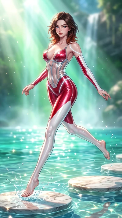 score_9, masterpiece, best quality, ultra-detailed, high-budget anime keyframe, semi-realistic 3D game render, editorial fashion photography, tasteful artistic composition, Korean woman. low angle full-body shot from head to toe showing her feet, fil