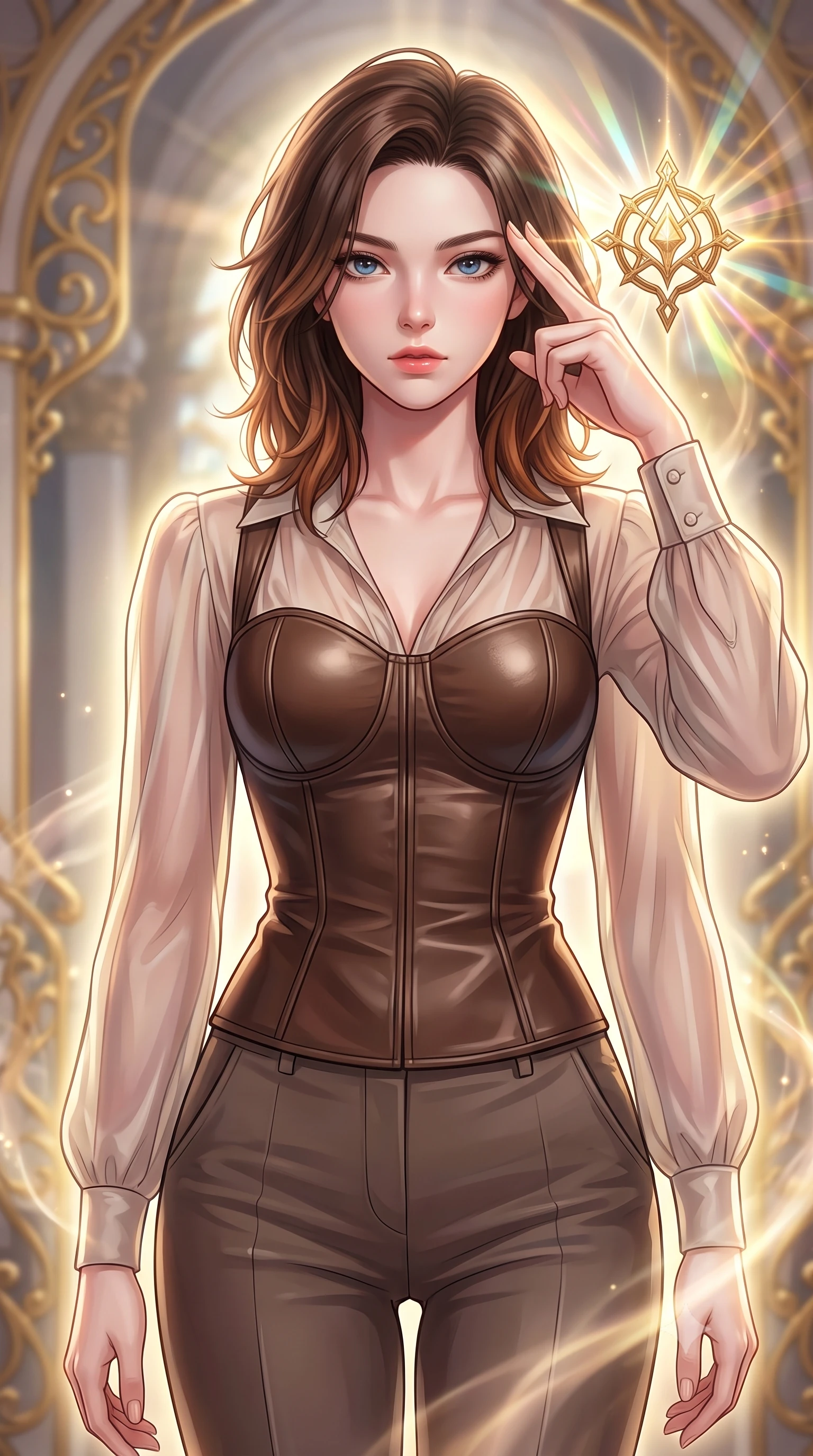 score_9, masterpiece, best quality, ultra-detailed, high-budget anime keyframe, editorial fashion photography, tasteful artistic composition, Korean woman. close-up cowboy shot from the waist and thighs up, the character dominates the composition, filling the frame with her large presence, background elements kept in soft focus. Pressing two fingers to her temple in a composed thoughtful gesture with an air of magnetic charisma touching a floating golden icon surrounded by kaleidoscope light rays, golden filigree details on the architecture shining with brilliant luster. She has an exceptionally elegant, slender, and willowy female figure with an ultra-slim waist, a gracefully sculpted slender torso, and a refined silhouette. sharp v-shaped jawline, high-bridge nose, intricate jewel-like eyes with depth, thick eyelashes, glossy lips with a natural sheen. wearing a tailored leather bustier over a sheer silk chiffon blouse with tailored slacks, the glove-like fit emphasizing her statuesque silhouette. surrounded by a glowing divine aura of sunbeams and incense radiance. highly saturated vibrant anime colors, detailed shading with soft gradients, rich glossy textures, high-contrast stereoscopic depth, volumetric dynamic lighting, master piece, 9:16 ratio
