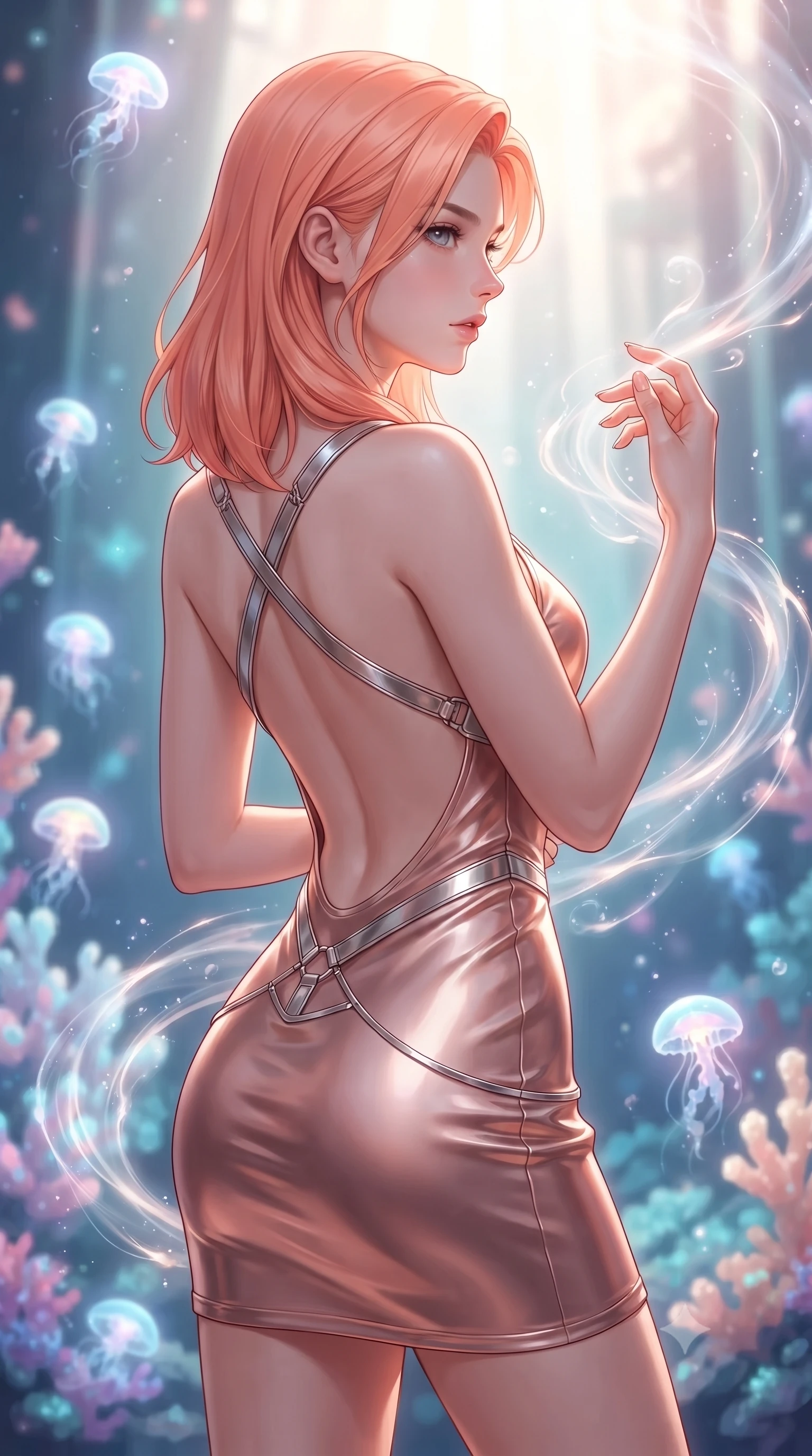 score_9, masterpiece, best quality, ultra-detailed, high-budget anime keyframe, editorial fashion photography, tasteful artistic composition, Japanese woman. close-up cowboy shot from the waist and thighs up, the character dominates the composition, filling the frame with her large presence, background elements kept in soft focus. Turning her face in sharp dramatic profile against the radiant light, threading glowing ethereal tendrils through a sanctuary of bioluminescent opal creatures, swirling ethereal water vapor carrying a soft inner glow. She has an exceptionally elegant, slender, and willowy female figure with an ultra-slim waist, a gracefully sculpted slender torso, and a refined silhouette. sharp v-shaped jawline, high-bridge nose, intricate jewel-like eyes with depth, thick eyelashes, glossy lips with a natural sheen. wearing dramatically scooped backless rose-gold satin mini dress with criss-cross straps in radiant platinum, made of liquid mercury jersey, highlighted by a platinum metallic harness structure, contouring every curve with an exceptionally elegant silhouette. lit by ethereal celestial rays cascading through glass reflection panes. highly saturated vibrant anime colors, detailed shading with soft gradients, rich glossy textures, high-contrast stereoscopic depth, volumetric dynamic lighting, master piece, 9:16 ratio