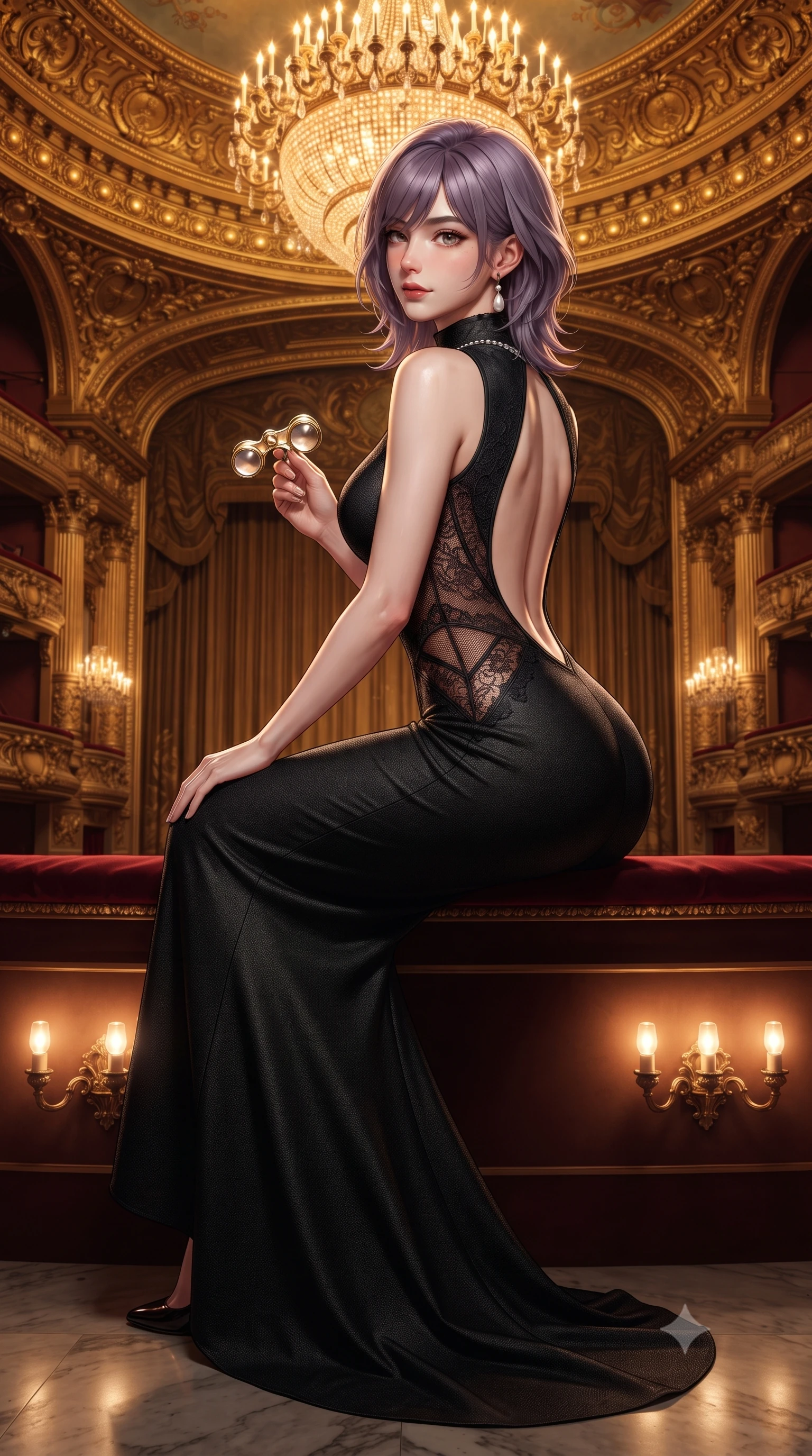 score_9, masterpiece, best quality, ultra-detailed, high-budget anime keyframe, editorial fashion photography, tasteful artistic composition, Japanese woman. low angle full-body shot from head to toe showing her feet, filling the entire 9:16 vertical frame with her statuesque presence, stretching her vertical silhouette. executing a slow, elegant turn as her liquid gown flutters around her slender legs, glancing over her shoulder with an intoxicating, seductive bedroom-gaze while sitting perched at the front of the private theater box loge with opera glasses in hand, arching her back with an aristocratic, smoldering half-smile. The surrounding environment is rendered in vivid detail and crisp panoramic clarity. detailed gown embroidery, diamond necklace sparkle, and Paris opera house architectural clarity in high resolution. She has an exceptionally tall and slender model-like 8.5-heads proportion, an ultra-slim waist, a flat toned midriff, narrow delicate ribcage, and beautifully sculpted feminine hips creating a graceful, slim hourglass silhouette without any bulky heaviness, with impossibly long slender legs. sharp v-shaped jawline, high-bridge nose, intricate jewel-like dark sparkling eyes with dangerous depth, thick curled eyelashes, glossy parted lips with a rich wine sheen, smoldering seductive half-smile with bedroom-eyes, exuding effortless superiority and intoxicating dark allure, flawlessly proportioned anatomical accuracy, strict slender model proportions, natural body alignment, perfectly sculpted long slender limbs, ultra-slim waistline, clean dynamic posture without body distortion. wearing a high-neck sleeveless bodycon dress in textured matte obsidian with side-torso semi-sheer mesh inserts in dark burnt copper and matte black, crafted from sheer delicate Chantilly lace with intricate gothic floral motifs, accented with a single dangling baroque pearl earring reflecting the amber glow, the precision-cut side openings and low-back scoop framing her graceful spine and the sensual sweep of her slim, toned hips. bathed in majestic golden chandelier radiance and warm theater footlight bounce. ultra-reflective glossy finish, specular highlights, rich textural contrasts, high-contrast stereoscopic depth, volumetric dynamic lighting, 2k, ultra detail, master piece, 9:16 ratio