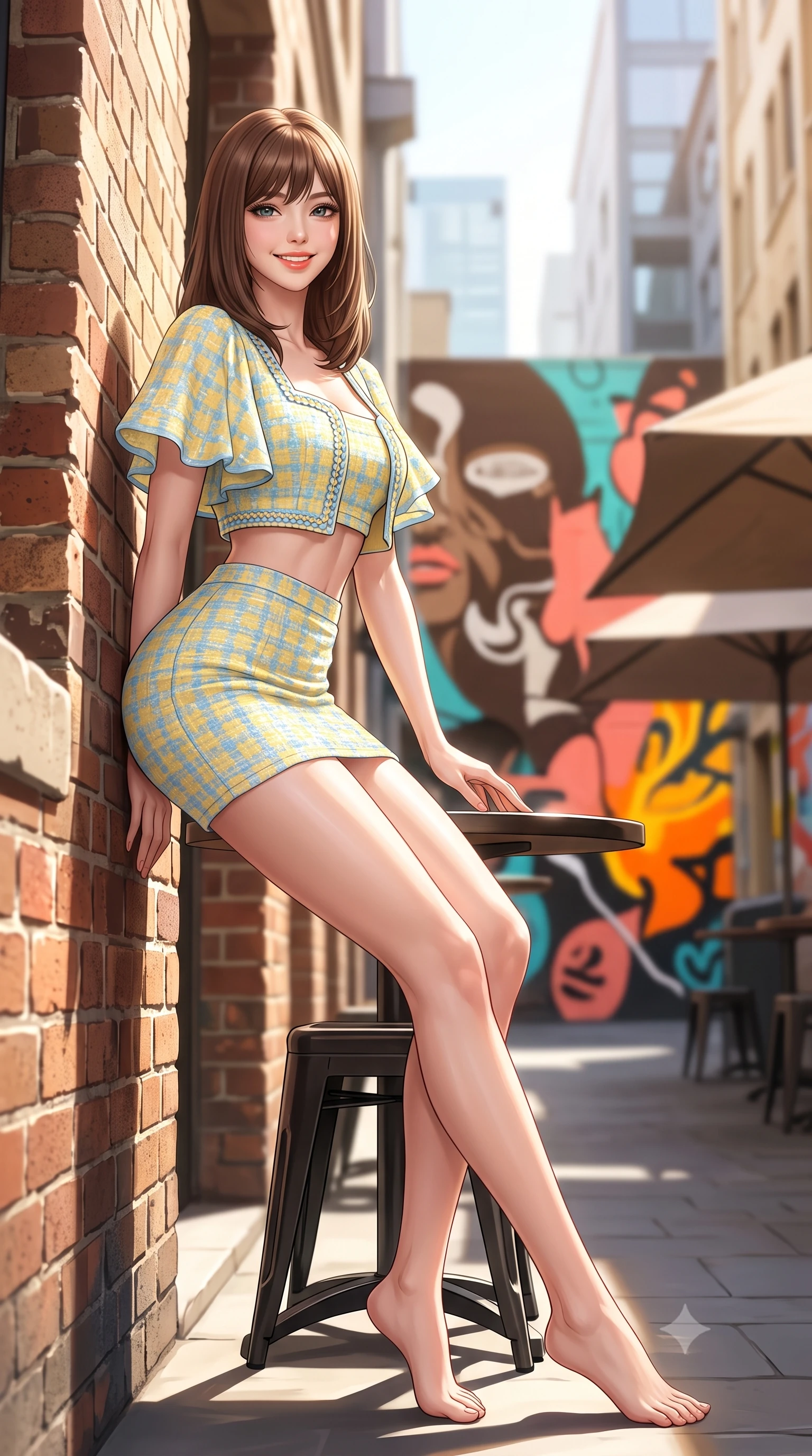 score_9, masterpiece, best quality, ultra-detailed, high-budget anime keyframe, semi-realistic 3D game render, editorial fashion photography, tasteful artistic composition, Korean woman. low angle full-body shot from head to toe showing her feet, filling the entire 9:16 vertical frame with her statuesque presence, stretching her vertical silhouette. leaning deep against the sunlit architecture with hips cocked back in a cute yet unapologetically alluring high-fashion stance, flashing a warm beaming smile while sitting gracefully at a small outdoor espresso table in the bustling laneway, arching her lower back with a charming, bright cute smile. The composition keeps background elements in soft focus with dreamy creamy bokeh. vibrant street art murals, cafe umbrellas, and historic brick facades blurred into espresso-brown, coral, and electric amber bokeh. She has an exceptionally tall and slender model-like 8.5-heads proportion, an ultra-slim waist, a flat toned midriff, narrow delicate ribcage, and beautifully sculpted feminine hips creating a graceful, slim hourglass silhouette without any bulky heaviness, with impossibly long slender legs. sharp v-shaped jawline, high-bridge nose, intricate jewel-like sparkling eyes with depth, thick eyelashes, glossy parted lips with a natural peach sheen, bright cheerful beaming smile with an enchanting and coquettish sensual glint, exuding both youthful cute charm and seductive allure, flawlessly proportioned anatomical accuracy, strict slender model proportions, natural body alignment, perfectly sculpted long slender limbs, ultra-slim waistline, clean dynamic posture without body distortion. wearing a cute pastel tweed two-piece set with a cropped jacket and ultra-fitted high-waisted mini skirt tracing her hips in sunny daffodil yellow and clear sky blue, woven from layered gossamer organza with weightless flutter, featuring elegant flutter sleeves and a graceful square neckline, the high-waisted tailoring accentuating her ultra-slim waistline and the enchanting curve of her feminine hips with alluring charm. bathed in filtered morning sunlight slicing down between tall laneway brick buildings. highly saturated vibrant anime colors, detailed shading with soft gradients, rich glossy textures, high-contrast stereoscopic depth, volumetric dynamic lighting, master piece, 9:16 ratio