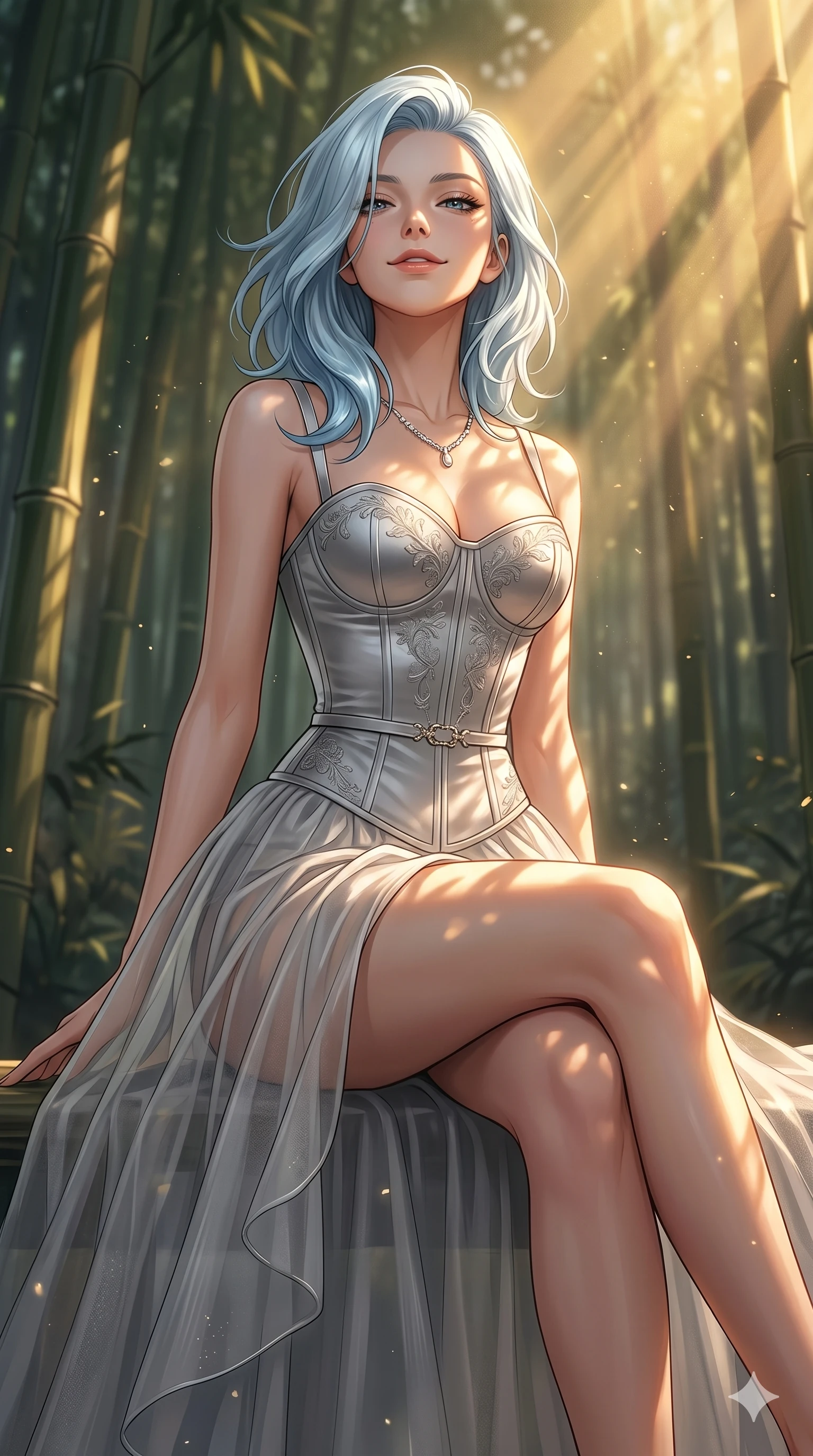 score_9, masterpiece, best quality, ultra-detailed, high-budget anime keyframe, editorial fashion photography, tasteful artistic composition, Korean woman. cowboy shot from the thighs up, character and outfit filling the frame for maximum editorial presence. tilting her head back slightly, looking down with a self-assured smile inside a quiet bamboo grove illuminated by warm afternoon sunbeams (Code-P19-173). She has an absolutely perfect 8-heads proportion, an exceptionally tall and slender female figure with impossibly long slender legs and an ultra-slim waist. V-shaped jawline, high-bridge nose, intricate jewel-like eyes with depth, thick eyelashes, glossy lips with a natural sheen. wearing a structured satin corset showing her cleavage and a sheer skirt. drenched in brilliant afternoon sunshine, casting warm rays that trace her athletic build. 2k, ultra detail, master piece, 9:16 ratio