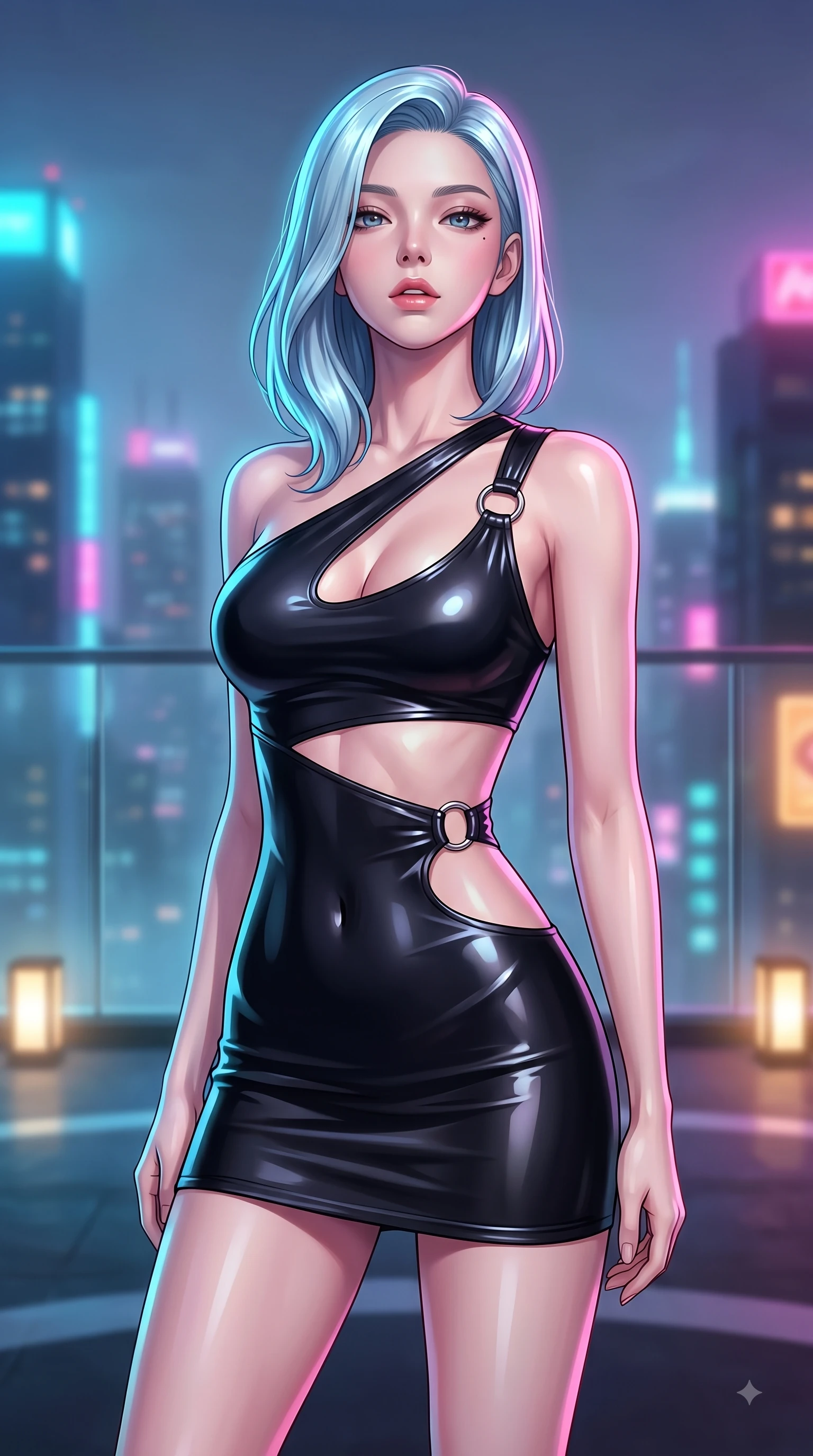 score_9, masterpiece, best quality, ultra-detailed, high-budget anime keyframe, editorial fashion photography, tasteful artistic composition, Korean woman woman. close-up cowboy shot from the waist and thighs up, the character dominates the composition, filling the frame with her large presence, background elements kept in soft focus. She has an exceptionally elegant, slender, and willowy female figure with an ultra-slim waist, a gracefully sculpted slender torso, and a refined silhouette. tilting her chin up slightly with lips parted in a composed and alluring expression, flawlessly proportioned anatomical accuracy, natural body alignment, perfectly sculpted elegant limbs, clean dynamic posture without body distortion. set against a soft-focus background of a penthouse helipad lounge overlooking a misty neon skyline. wearing an asymmetric cut-out mini dress in matte black latex with silver ring accents. bathed in vibrant city skyline night lights casting sleek specular reflections. highly saturated vibrant anime colors, detailed shading with soft gradients, rich glossy textures, high-contrast stereoscopic depth, volumetric dynamic lighting, master piece, 9:16 ratio