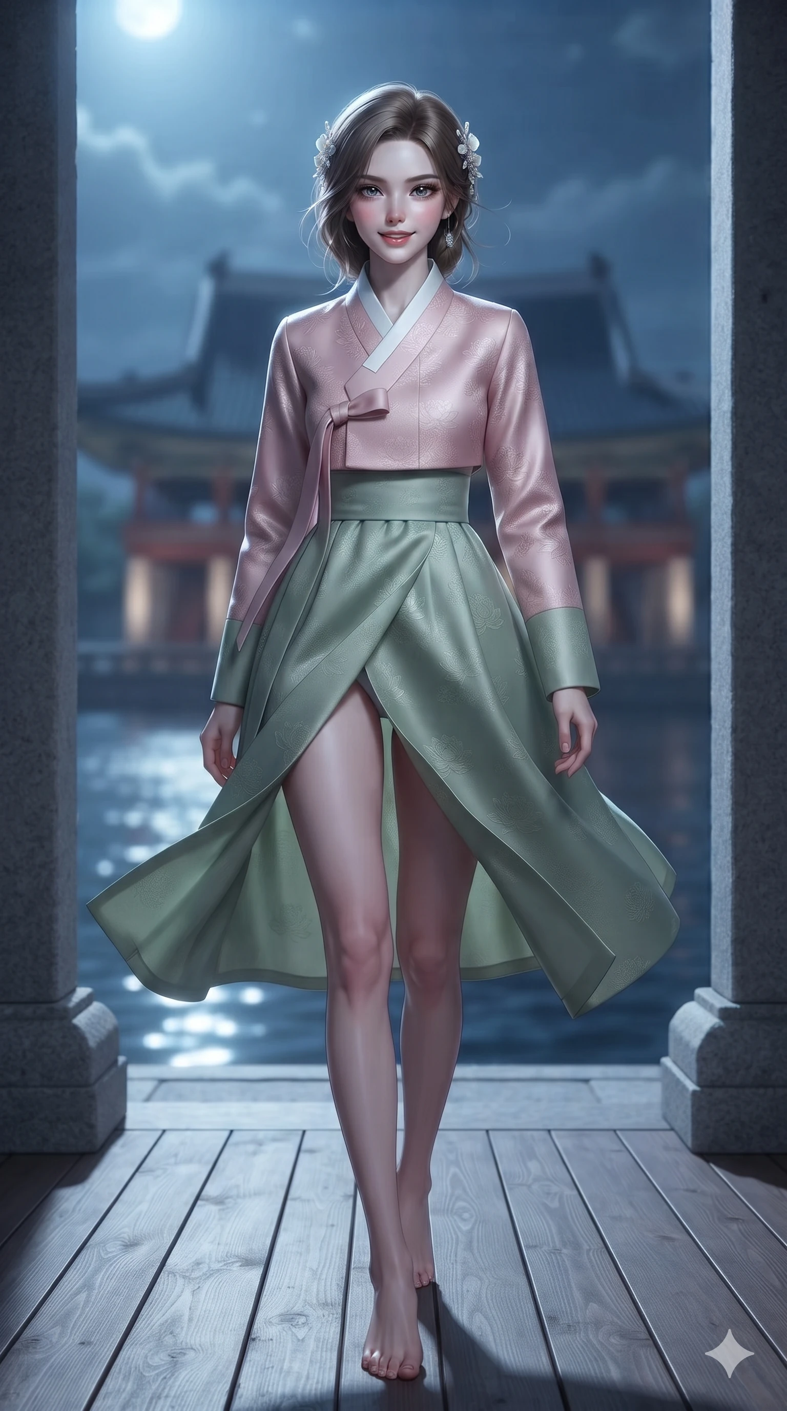 score_9, masterpiece, best quality, ultra-detailed, high-budget anime keyframe, editorial fashion photography, tasteful artistic composition, Korean woman. low angle full-body shot from head to toe showing her feet, filling the entire 9:16 vertical frame with her statuesque presence, stretching her vertical silhouette. striding across the moonlit timber deck as nocturnal breezes whip her garments open, accentuating her long slender legs and curvy hips while standing between monumental stone pavilion columns, arching her lower back to emphasize her curvy hips against the moonlit lake. The background shows a soft-focus monumental royal banquet pavilion softened in panoramic lake shallow focus. She has an absolutely perfect, statuesque 8.5-heads proportion, an exceptionally tall and slender model-like female figure with impossibly long slender legs, an ultra-slim waist, a flat toned midriff, narrow delicate ribcage, and beautifully sculpted feminine hips creating a graceful, slim hourglass silhouette without any bulky heaviness. sharp v-shaped jawline, high-bridge nose, sparkling eyes with hypnotic seductive depth, thick curled eyelashes, glossy parted lips with a natural dewy peach sheen, alluring bedroom-eyes with an enchanting coquettish smile, exuding magnetic siren charisma and sophisticated glamour, flawlessly proportioned anatomical accuracy, strict slender model proportions, natural body alignment, perfectly sculpted long slender limbs, ultra-slim waistline, clean dynamic posture without body distortion. wearing a structured minimalist hanbok wrap coat dress with clean geometric lines and a wide formal sash in soft lotus rose and morning dew sage green, tailored from rich silk jacquard with subtle embossed lotus blossom patterns, finished with delicate mother-of-pearl hairpin ornaments glinting in her dark glossy hair, the bespoke structured tailoring following the natural line of her 8.5-heads silhouette with refined elegance. bathed in brilliant 4000K moonbeams sweeping across open palace waters. ultra-reflective glossy finish, specular highlights, rich textural contrasts, high-contrast stereoscopic depth, volumetric dynamic lighting, 2k, ultra detail, master piece, 9:16 ratio