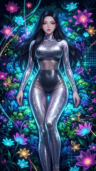 score_9, masterpiece, best quality, ultra-detailed, High-budget Anime Keyframe, East Asian woman. Low angle cowboy shot filling the entire 9:16 frame with her statuesque presence. Scenario 466: lying gracefully on a bed of bioluminescent moss inside 