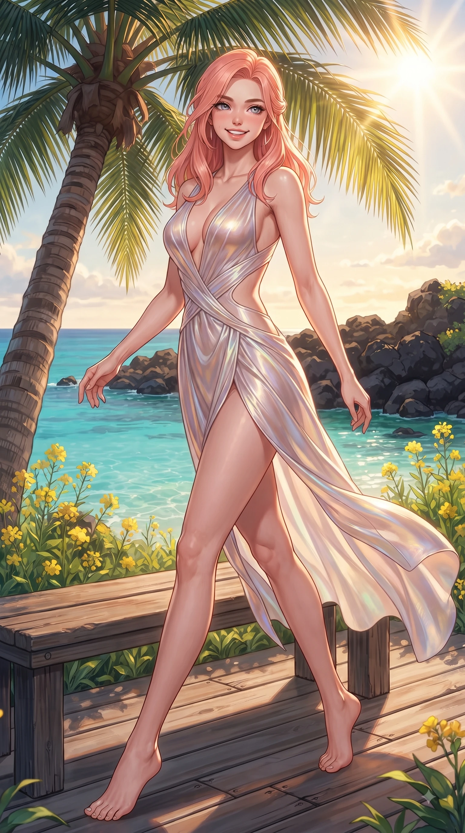 score_9, masterpiece, best quality, ultra-detailed, high-budget anime keyframe, editorial fashion photography, tasteful artistic composition, Japanese woman. low angle full-body shot from head to toe showing her feet, filling the entire 9:16 vertical frame with her statuesque presence, stretching her vertical silhouette. stepping forward in a proud dynamic stride with a cheerful beaming smile, her vertical silhouette filling the frame while resting on a wooden bench under a palm tree overlooking a crystal-clear tropical cove, blooming yellow canola flowers and dark volcanic basalt rocks contrasting with azure sea. She has an absolutely perfect, statuesque 8.5-heads proportion, an exceptionally tall and slender model-like female figure with impossibly long slender legs and an ultra-slim waist. sharp v-shaped jawline, high-bridge nose, intricate jewel-like eyes with depth, thick eyelashes, glossy lips with a natural sheen, flawlessly proportioned anatomical accuracy, natural body alignment, perfectly sculpted elegant limbs, clean dynamic posture without body distortion. wearing a translucent iridescent chiffon gown with a plunging neckline and open back in pearl white and rose gold, crafted from lustrous satin jersey with fluid draping, featuring clean architectural cutouts along her slender torso, the form-contouring material highlighting her ultra-slim waist and long lines. illuminated by a glorious golden hour sunburst over deep blue island ocean waves. ultra-reflective glossy finish, specular highlights, metallic sheen, high-contrast stereoscopic depth, volumetric dynamic lighting, 2k, ultra detail, master piece, 9:16 ratio