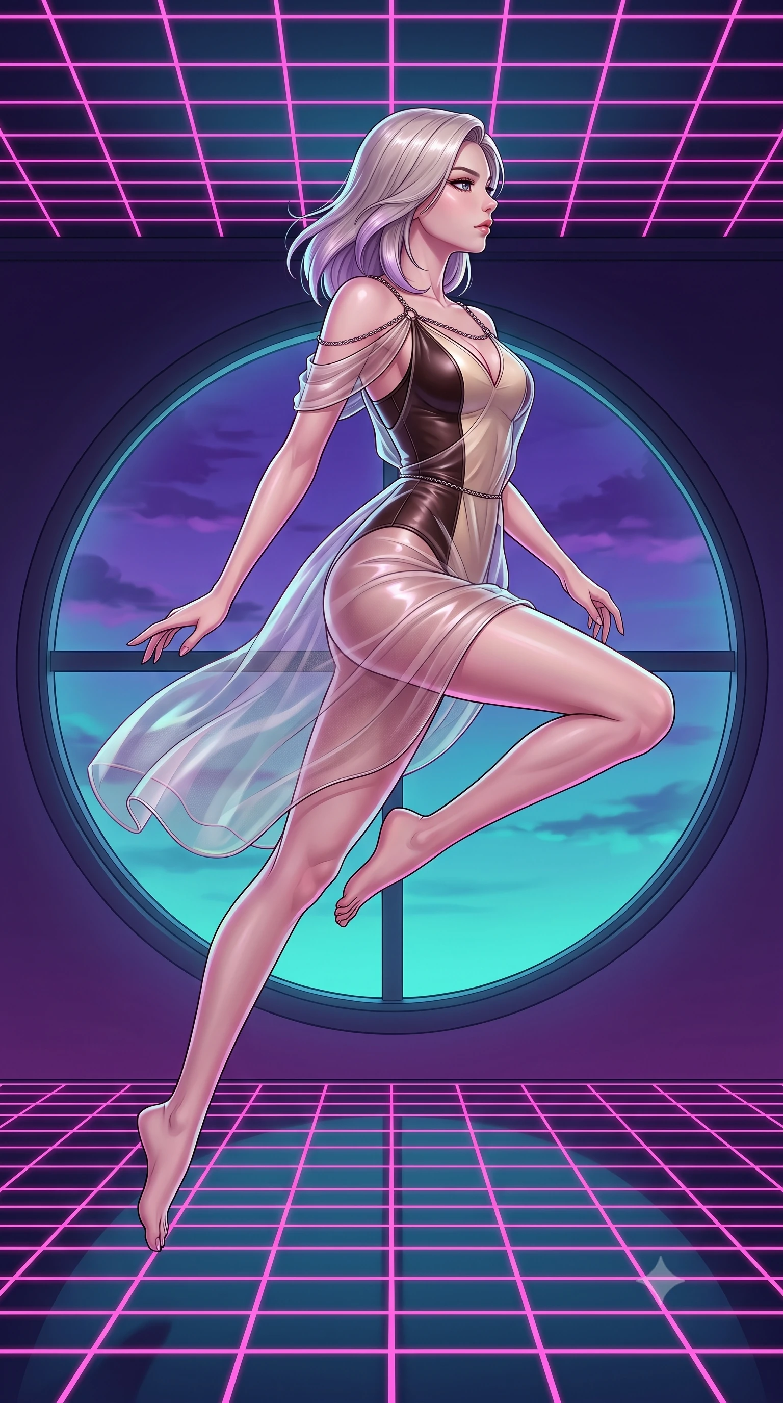 score_9, masterpiece, best quality, ultra-detailed, high-budget anime keyframe, editorial fashion photography, tasteful artistic composition, Caucasian woman. low angle full-body shot from head to toe showing her feet, filling the entire 9:16 vertical frame with her statuesque presence, stretching her vertical silhouette. leaping gracefully through mid-air with statuesque elegance, her impossibly long slender legs stretched in perfect balance while gazing out a giant circular window at a twilight sky painted in purple and turquoise, lo-fi synthwave grid patterns running across floor and ceiling in neon pink. She has an absolutely perfect, statuesque 8.5-heads proportion, an exceptionally tall and slender model-like female figure with impossibly long slender legs and an ultra-slim waist. sharp v-shaped jawline, high-bridge nose, intricate jewel-like eyes with depth, thick eyelashes, glossy lips with a natural sheen, flawlessly proportioned anatomical accuracy, natural body alignment, perfectly sculpted elegant limbs, clean dynamic posture without body distortion. wearing a semi-opaque sheer overlay dress over a leather micro-bodysuit in espresso brown and warm cream, woven from fine semi-opaque sheer organza, adorned with delicate metallic chain straps along the neckline, the elegant draped fit framing her graceful clavicle and slender torso. illuminated by retro lo-fi backlighting and brilliant liquid speculars. highly saturated vibrant anime colors, detailed shading with soft gradients, rich glossy textures, high-contrast stereoscopic depth, volumetric dynamic lighting, master piece, 9:16 ratio