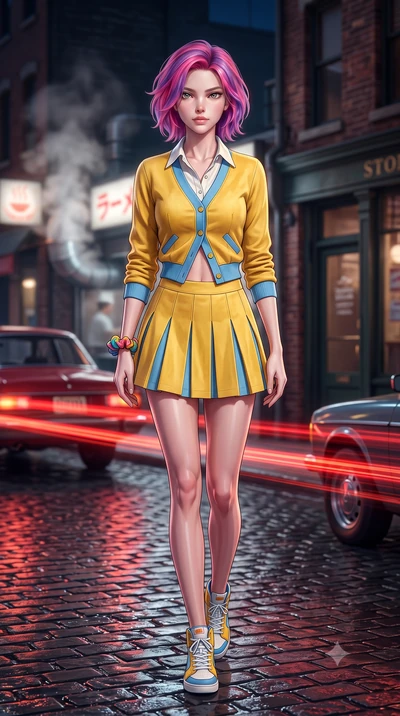 score_9, masterpiece, best quality, ultra-detailed, high-budget anime keyframe, semi-realistic 3D game render, editorial fashion photography, tasteful artistic composition, Caucasian woman. low angle full-body shot from head to toe showing her feet, 