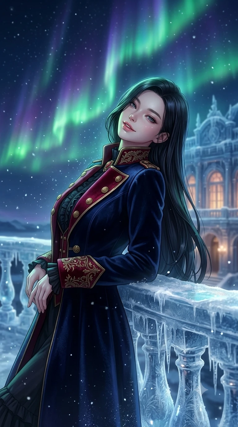 score_9, masterpiece, best quality, ultra-detailed, high-budget anime keyframe, semi-realistic 3D game render, editorial fashion photography, tasteful artistic composition, Korean woman. close-up cowboy shot from the waist and thighs up, the character dominates the composition, filling the frame with her large presence. leaning back against the balustrade with relaxed seductive grace, head tilted back slightly while casting a hypnotic, heavy-lidded gaze while standing poised on the ice-carved opera balcony cantilevered high under a soaring polar aurora sky, arching her spine with breathtaking anime heroine allure as silver specular highlights glitter around her. The background shows a soft-focus fine wind-borne ice dust motes softened in high-altitude glacial balcony shallow focus. She has an exceptionally elegant, slender, and willowy female figure with an ultra-slim waist, flat toned midriff, narrow ribcage, and sculpted feminine hips creating an alluring, slim hourglass silhouette without bulk. sharp v-shaped jawline, high-bridge nose, intricate jewel-like sparkling eyes with depth, thick eyelashes, glossy parted lips with a natural peach sheen, bright cheerful beaming smile with an enchanting and coquettish sensual glint, exuding both youthful cute charm and seductive allure, flawlessly proportioned anatomical accuracy, strict slender model proportions, natural body alignment, perfectly sculpted long slender limbs, ultra-slim waistline, clean dynamic posture without body distortion. wearing a structured high-collar Victorian opera greatcoat in midnight navy wool with polished brass crest buttons in royal opera crimson velvet and burnished gold, woven from structured carbon-fiber jacquard with rich textural depth, complemented by strappy stiletto sandals with metallic ankle wraps accentuating her slender calves, the impeccably tailored cut draping gracefully along her slender figure with aristocratic poise. bathed in the natural undulating luminescence of polar auroras mixed with cool opera stage uplighting. highly saturated vibrant anime colors, detailed shading with soft gradients, rich glossy textures, high-contrast stereoscopic depth, volumetric dynamic lighting, master piece, 9:16 ratio
