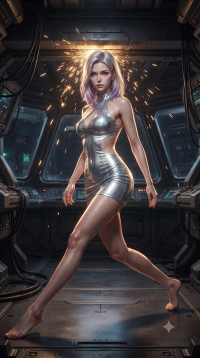 score_9, masterpiece, best quality, ultra-detailed, high-budget anime keyframe, editorial fashion photography, tasteful artistic composition, realistic cosplay photography, Caucasian woman, strictly human ears. low angle full-body shot from head to t