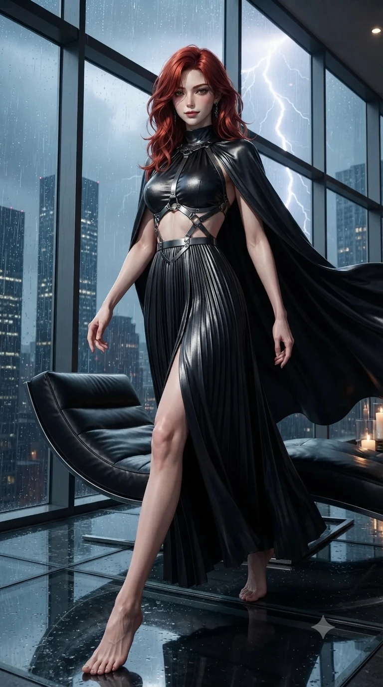 score_9, masterpiece, best quality, ultra-detailed, high-budget anime keyframe, editorial fashion photography, tasteful artistic composition, Korean woman. low angle full-body shot from head to toe showing her feet, filling the entire 9:16 vertical frame with her statuesque presence, stretching her vertical silhouette. striding across the rain-swept glass terrace, nocturnal breezes whipping her garments open to accentuate her long slender legs and curvy hips while reclining on the sleek curved black leather lounge beside the panoramic window, one knee drawn up to showcase her slender leg line. The surrounding environment is rendered in vivid detail and crisp panoramic clarity: sharp floor-to-ceiling glass structural mullions, rain streaks on exterior glass, and crisp distant skyscrapers in deep focus. She has an absolutely perfect, statuesque 8.5-heads proportion, an exceptionally tall and slender model-like female figure with impossibly long slender legs, an ultra-slim waist, a flat toned midriff, narrow delicate ribcage, and beautifully sculpted feminine hips creating a graceful, slim hourglass silhouette without any bulky heaviness. sharp v-shaped jawline, high-bridge nose, intricate jewel-like dark sparkling eyes with hypnotic seductive depth, thick curled eyelashes, glossy parted lips with a natural wine sheen, alluring bedroom-eyes with an enigmatic smoldering smile, exuding magnetic sovereign charisma and dark avant-garde glamour, flawlessly proportioned anatomical accuracy, strict slender model proportions, natural body alignment, perfectly sculpted long slender limbs, ultra-slim waistline, clean dynamic posture without body distortion. wearing a high-neck liquid satin evening cape gown with modest pleated column skirt in pure obsidian monochrome with subtle metallic sheen, woven from bespoke high-density barathea wool with refined ceremonial hold, highlighted by a gunmetal metallic harness structure, accentuating her gracefully sculpted slender torso and statuesque proportions. bathed in the dramatic flash of distant lightning contrasting with warm ambient cocktail candlelight. ultra-reflective glossy finish, specular highlights, metallic sheen, high-contrast stereoscopic depth, volumetric dynamic lighting, 2k, ultra detail, master piece, 9:16 ratio
