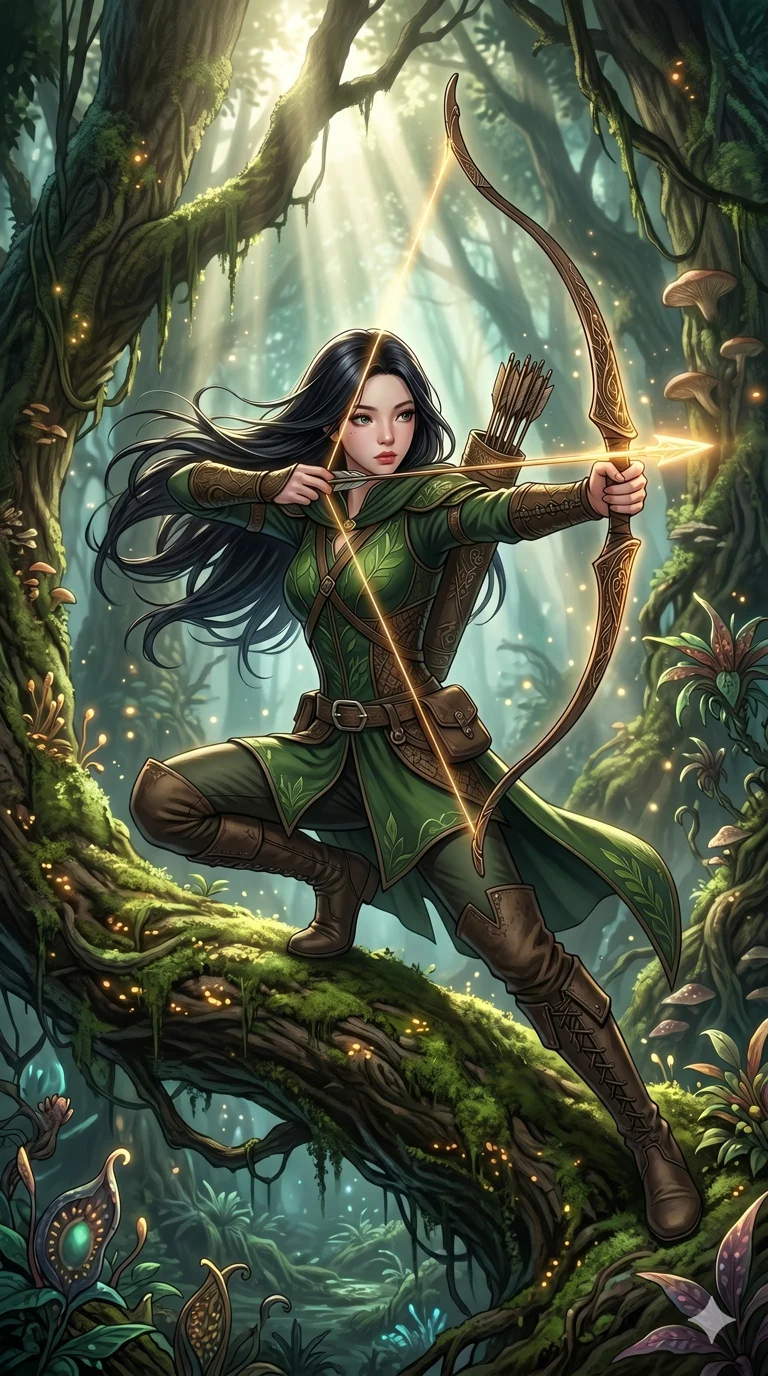 score_9, score_8_up, score_7_up, source_anime, masterpiece, best quality, ultra-detailed, same character with long flowing black hair, wearing a green elven ranger tunic and tall leather boots, full body shot crouching dynamically on a giant tree branch aiming a glowing bow and arrow, dense ancient magical forest, god rays piercing the canopy, 2k, 9:16 ratio