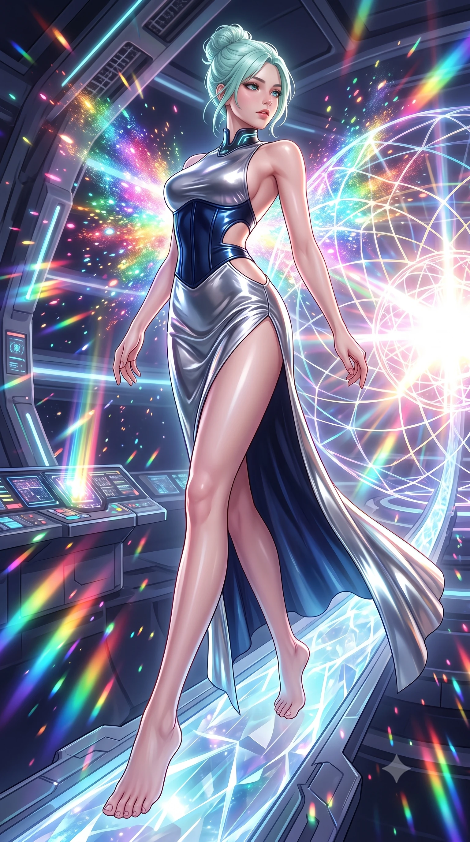 score_9, masterpiece, best quality, ultra-detailed, high-budget anime keyframe, semi-realistic 3D game render, editorial fashion photography, tasteful artistic composition, Japanese woman. low angle full-body shot from head to toe showing her feet, filling the entire 9:16 vertical frame with her statuesque presence, stretching her vertical silhouette. arching her spine in a fluid zero-gravity turn with sovereign grace, her long slender legs and sculpted torso creating a sweeping line while drifting gracefully along a crystalline energy conduit as bursts of rainbow subatomic particles illuminate her contour. The surrounding environment is rendered in vivid detail and crisp panoramic clarity. intricate warp core containment field lattices, starship bridge consoles, and prism light shafts in high clarity. She has an absolutely perfect, statuesque 8.5-heads proportion, an exceptionally tall and slender model-like female figure with impossibly long slender legs, a toned flat midriff, and an ultra-slim waist. sharp v-shaped jawline, high-bridge nose, intricate jewel-like eyes with depth, thick eyelashes, glossy lips with a natural sheen, flawlessly proportioned anatomical accuracy, strict slender model proportions, natural body alignment, perfectly sculpted long slender limbs, ultra-slim waistline, clean dynamic posture without body distortion. wearing a backless molten silver liquid-metal gown with a high-cut side slit and precision-fitted waist boning in deep midnight navy blue and pure starlight chrome, formed from high-gloss patent material with specular chiaroscuro reflections, featuring a sleek aerodynamic collar framed by subtle glowing cybernetic accents, the precision-cut daring openings accentuating her delicate midriff, graceful bare collarbones, and ultra-slim feminine waistline. bathed in brilliant white-hot warp core radiance and saturated rainbow particle prism refractions. rich saturated anime colors with glowing neon highlights, detailed shading with soft gradients, rich glossy textures, high-contrast stereoscopic depth, volumetric dynamic lighting, master piece, 9:16 ratio