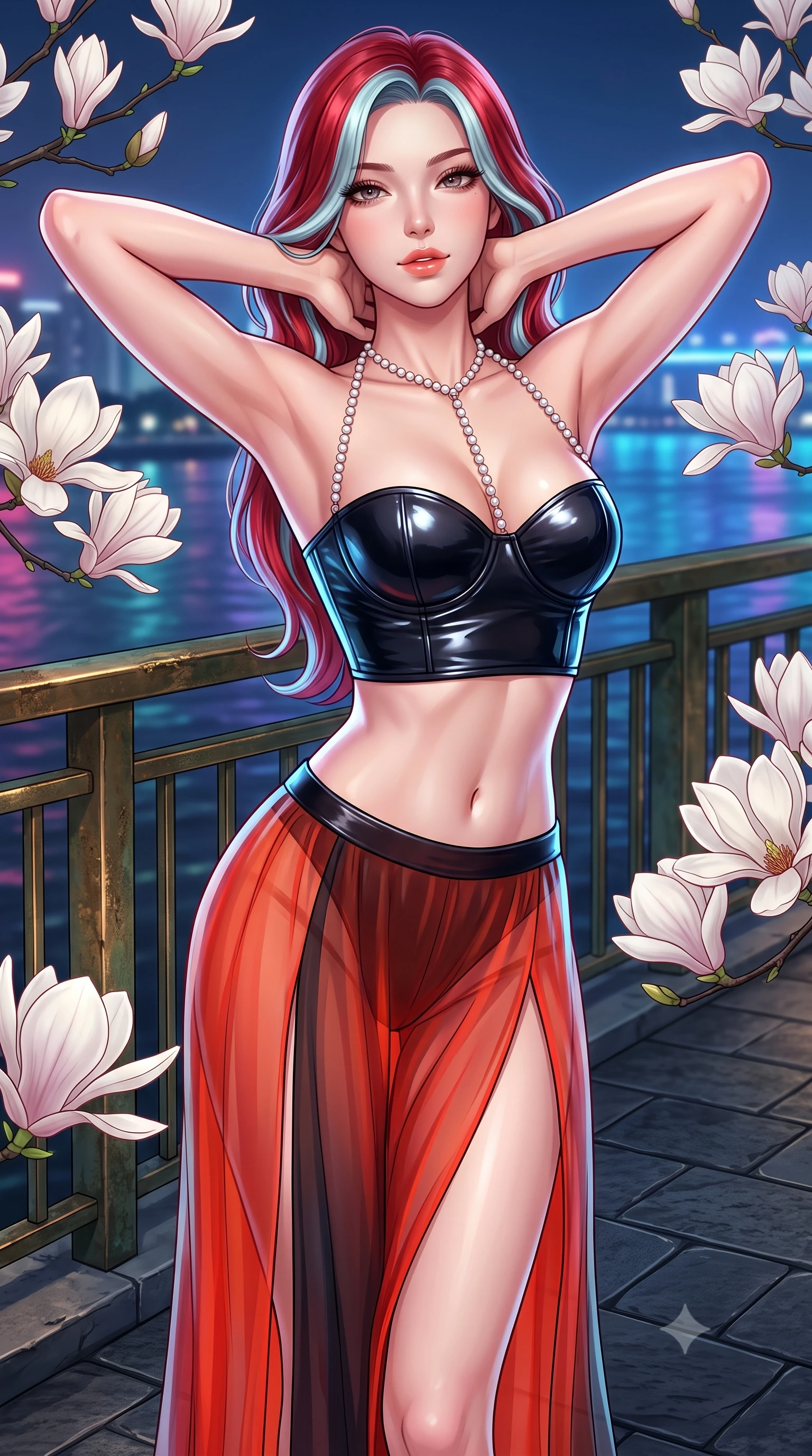 score_9, masterpiece, best quality, ultra-detailed, high-budget anime keyframe, semi-realistic 3D game render, editorial fashion photography, tasteful artistic composition, Caucasian woman. close-up cowboy shot from the waist and thighs up, the character dominates the composition, filling the frame with her large presence. resting both hands lightly behind her neck with elbows raised, arching her spine to highlight her narrow waist, flat midriff, and breathtaking collarbones while twisting her slender torso in an alluring S-curve, fragrant white blossoms and neon river reflections tracing her curves. The surrounding environment is rendered in vivid detail and crisp panoramic clarity: sharp magnolia flower petal veins, weathered bronze railing patina, and dark slate paver joints in deep focus. She has an exceptionally elegant, slender, and willowy female figure with an ultra-slim waist, flat toned midriff, narrow ribcage, and sculpted feminine hips creating an alluring, slim hourglass silhouette without bulk. sharp v-shaped jawline, high-bridge nose, sparkling eyes with hypnotic seductive depth, thick curled eyelashes, glossy parted lips with a natural dewy peach sheen, alluring bedroom-eyes with an enchanting coquettish smile, exuding magnetic siren charisma and sophisticated glamour, flawlessly proportioned anatomical accuracy, strict slender model proportions, natural body alignment, perfectly sculpted long slender limbs, ultra-slim waistline, clean dynamic posture without body distortion. wearing a wet-look form-fitting vinyl bustier paired with sheer chiffon high-slit wide-leg trousers in Pudong electric vermilion and obsidian lacquer, made of sheer gossamer chiffon that drapes softly against skin with airy translucence, accented with a pearl-drop body harness subtly framing her dewy collarbones and spine, the glove-like clinging cut tightly following the natural contour of her hips and long slender legs with youthful 8.5-heads elegance. bathed in soft 2800K low-voltage garden ground spotlights highlighting magnolia branches mixed with cool river skyline glow. highly saturated vibrant anime colors, detailed shading with soft gradients, rich glossy textures, high-contrast stereoscopic depth, volumetric dynamic lighting, master piece, 9:16 ratio