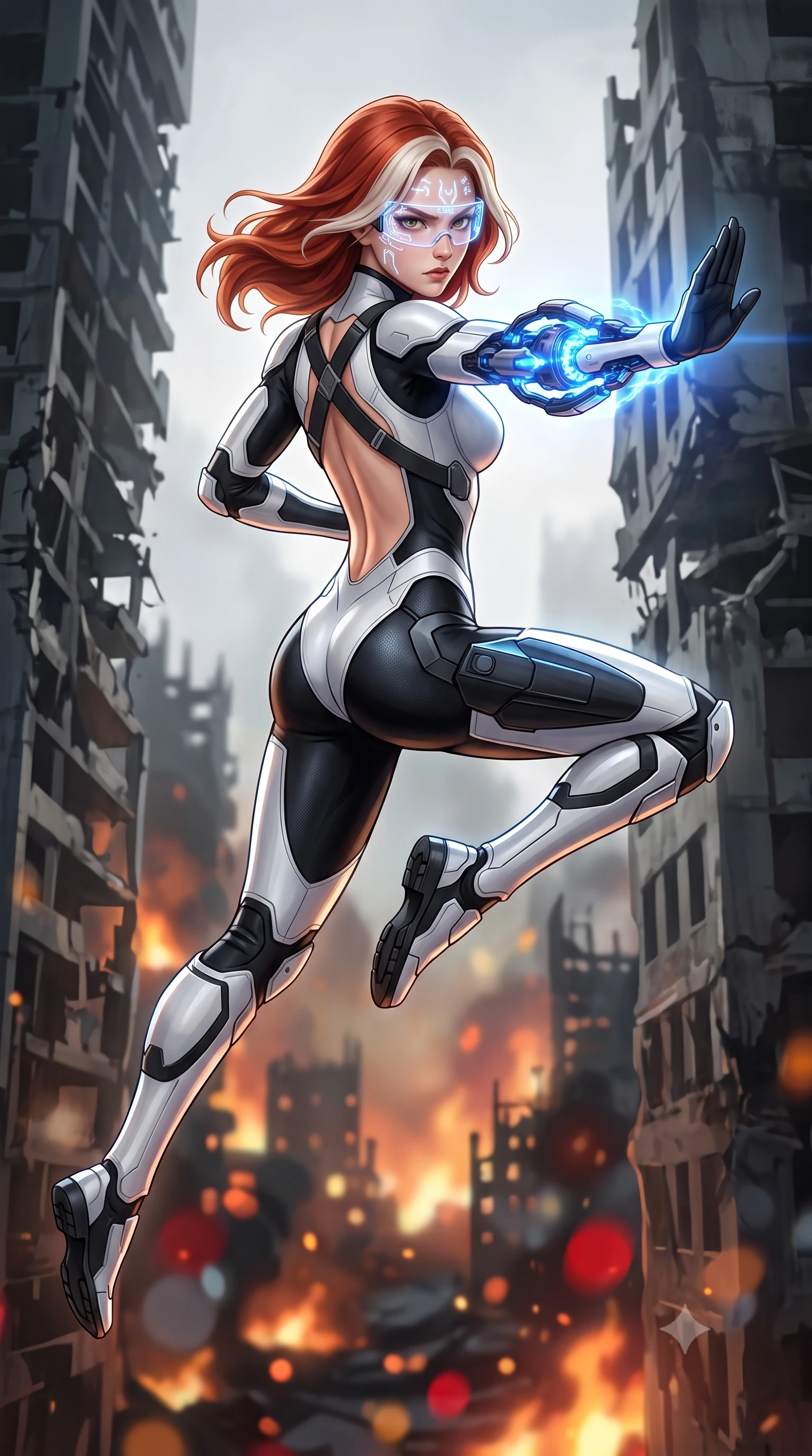 score_9, masterpiece, best quality, ultra-detailed, high-budget anime keyframe, semi-realistic 3D game render, editorial fashion photography, tasteful artistic composition, Caucasian woman. close-up cowboy shot from the waist and thighs up, the character dominates the composition, filling the frame with her large presence. twisting her upper body in a dynamic S-curve martial arts stance, cybernetic elbow dampers glowing with blue energy as she aims a focused palm strike while leaping across a gaping structural chasm between ruined towers with flawless, fearless kinetic martial grace. The composition keeps background elements in soft focus with creamy bokeh. raging horizon fires and shattered skyscraper silhouettes blurred into dramatic charcoal, amber, and blood-crimson bokeh. She has an exceptionally elegant, slender, and willowy female figure with an ultra-slim waist, a gracefully sculpted slender torso, toned flat midriff, and a refined slim silhouette. sharp v-shaped jawline, high-bridge nose, intricate jewel-like eyes with depth, thick eyelashes, glossy lips with a natural sheen, fierce and resolute heroine expression, flawlessly proportioned anatomical accuracy, strict slender model proportions, natural body alignment, perfectly sculpted long slender limbs, ultra-slim waistline, clean dynamic posture without body distortion. wearing high-tech holographic tactical goggles resting tipped up on her forehead, casting glowing neon runes across her brow without obscuring her features, paired with an ultra-sleek high-gloss carbon-composite exoskeleton suit featuring kinetic shock-absorbing shin guards and flexible limb articulation joints in monochrome white enamel carbon with high-contrast black tactical panels, made of liquid carbon-jersey fabric accentuating every curve of her tall, slender model proportions, complemented by criss-cross back harness straps highlighting her completely bare spine, the liquid-tight tailored fabric emphasizing every curve of her tall, slender model proportions and sculptured silhouette during dynamic movement. illuminated by crisp white key lighting with sharp specular highlights tracing her sculpted armor and slender curves. rich saturated anime colors with glowing neon highlights, detailed shading with soft gradients, rich glossy textures, high-contrast stereoscopic depth, volumetric dynamic lighting, master piece, 9:16 ratio