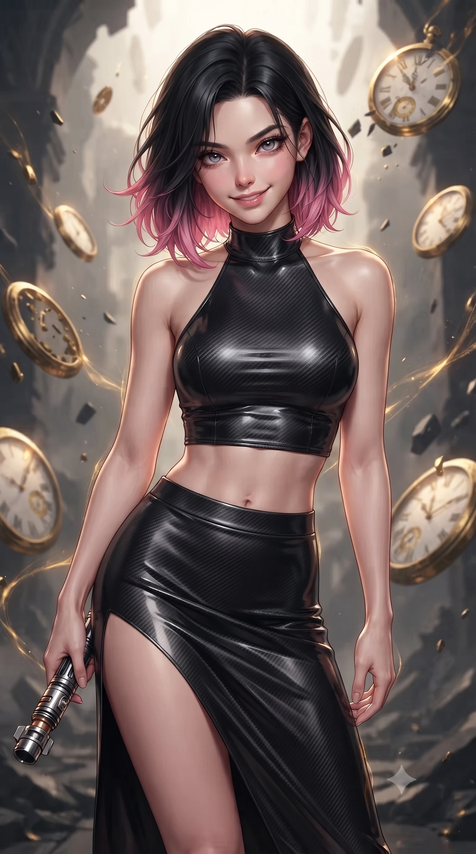 score_9, masterpiece, best quality, ultra-detailed, high-budget anime keyframe, editorial fashion photography, tasteful artistic composition, Korean woman. close-up cowboy shot from the waist and thighs up, the character dominates the composition, filling the frame with her large presence, background elements kept in soft focus. leaning slightly forward with a playful, teasing smile while holding a deactivated plasma saber hilt, the background shows a soft-focus a crumbling obsidian sanctuary where shattered golden clocks float in mid-air. She has an exceptionally elegant, slender, and willowy female figure with an ultra-slim waist, a gracefully sculpted slender torso, and a refined silhouette. sharp v-shaped jawline, high-bridge nose, intricate jewel-like eyes with depth, thick eyelashes, glossy lips with a natural sheen. wearing a body-hugging carbon-fiber halter-neck crop top paired with a matching high-slit midi skirt, revealing her slim waist. flickering gold temporal currents tracing her silhouette with warm key light. ultra-reflective glossy finish, specular highlights, metallic sheen, high-contrast stereoscopic depth, volumetric dynamic lighting, 2k, ultra detail, master piece, 9:16 ratio