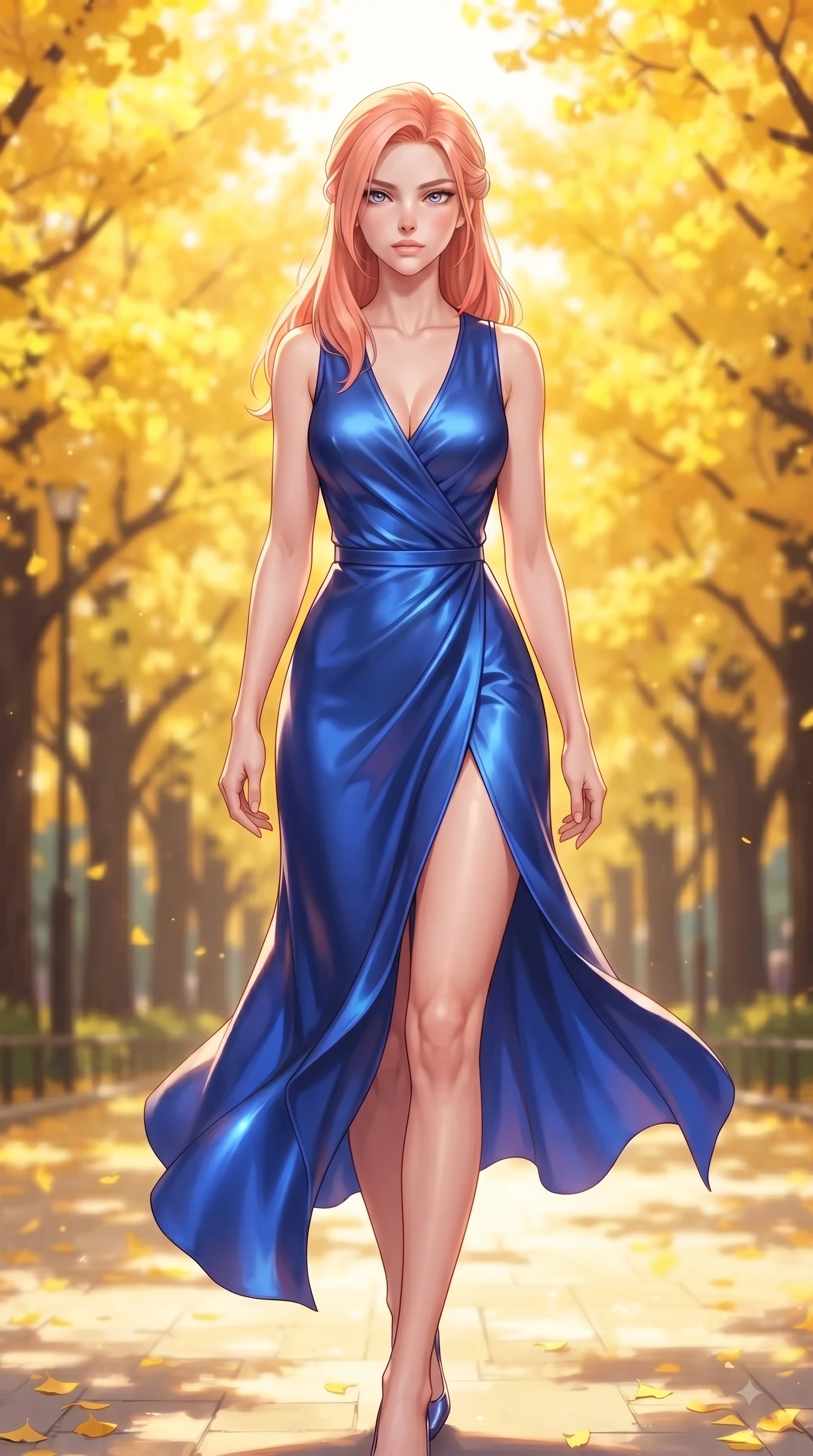 score_9, masterpiece, best quality, ultra-detailed, high-budget anime keyframe, editorial fashion photography, tasteful artistic composition, Japanese woman. close-up cowboy shot from the waist and thighs up, the character dominates the composition, filling the frame with her large presence. Cool disdainful expression looking past the camera with effortless superiority and a stoic facial line while walking dynamically down a sunlit park avenue lined with golden yellow ginkgo trees. The composition keeps background elements in soft focus with dreamy bokeh. vibrant yellow and orange tree arcades blurring smoothly behind her fashion silhouette. She has an exceptionally elegant, slender, and willowy female figure with an ultra-slim waist, a gracefully sculpted slender torso, and a refined silhouette. sharp v-shaped jawline, high-bridge nose, intricate jewel-like eyes with depth, thick eyelashes, glossy lips with a natural sheen, flawlessly proportioned anatomical accuracy, natural body alignment, perfectly sculpted elegant limbs, clean dynamic posture without body distortion. wearing an electric cobalt blue silk wrap dress with a graceful flowing hem in electric azure blue and cloud white, made of premium stretch velvet with a rich glossy sheen, finished with a sleek side slit ascending to mid-thigh, the sleek second-skin fit accentuating her magnetic presence. illuminated by bright glowing yellow ambient light and clear sky refractions. ultra-reflective glossy finish, specular highlights, metallic sheen, high-contrast stereoscopic depth, volumetric dynamic lighting, 2k, ultra detail, master piece, 9:16 ratio