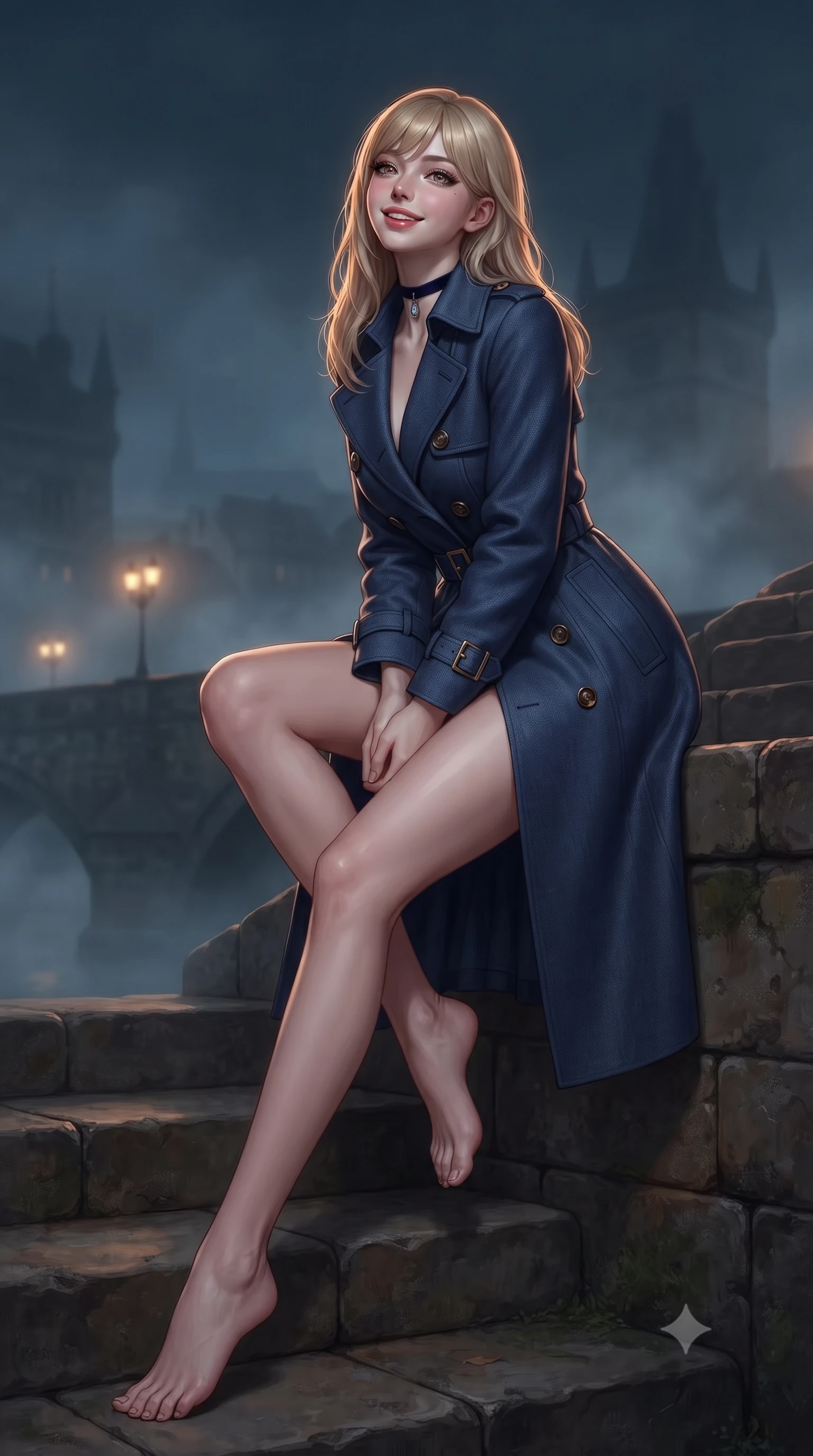 score_9, masterpiece, best quality, ultra-detailed, high-budget anime keyframe, editorial fashion photography, tasteful artistic composition, Japanese woman. low angle full-body shot from head to toe showing her feet, filling the entire 9:16 vertical frame with her statuesque presence, stretching her vertical silhouette. sitting poised on the stone steps with one knee bent, arching her spine with supermodel elegance as she glances upward through thick eyelashes while twisting her slender torso in an alluring S-curve, gas streetlight glows from the bridge below tracing her flat midriff and hourglass curves. The background shows a soft-focus curling nocturnal river fog softened in medieval gothic European capital shallow focus. She has an exceptionally tall and slender model-like 8.5-heads proportion, an ultra-slim waist, a flat toned midriff, narrow delicate ribcage, and beautifully sculpted feminine hips creating a graceful, slim hourglass silhouette without any bulky heaviness, with impossibly long slender legs. sharp v-shaped jawline, high-bridge nose, intricate jewel-like sparkling eyes with depth, thick eyelashes, glossy parted lips with a natural peach sheen, bright cheerful beaming smile with an enchanting and coquettish sensual glint, exuding both youthful cute charm and seductive allure, flawlessly proportioned anatomical accuracy, strict slender model proportions, natural body alignment, perfectly sculpted long slender limbs, ultra-slim waistline, clean dynamic posture without body distortion. wearing a structured Cape Town coastal linen-tweed trench coat with tortoise buttons and storm flaps in Vltava misty twilight cobalt and polished brass, tailored from ultra-plush silk velvet with rich tactile depth and deep shadow gradients, finished with a thin velvet ribbon choker and a single teardrop diamond pendant, the impeccably tailored cut draping gracefully along her slender figure with aristocratic poise. illuminated by stone wall bounce fill and sharp copper-gold rim lights defining her dewy collarbones, ultra-slim waist, and curvy hips. ultra-reflective glossy finish, specular highlights, rich textural contrasts, high-contrast stereoscopic depth, volumetric dynamic lighting, 2k, ultra detail, master piece, 9:16 ratio