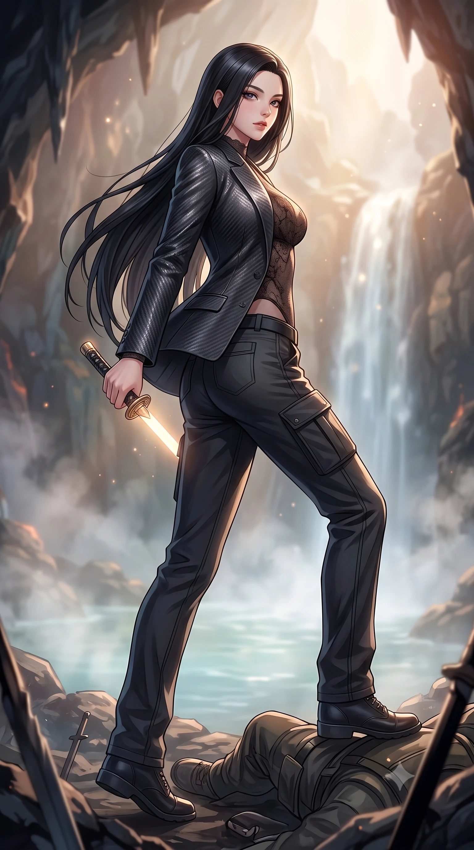 score_9, masterpiece, best quality, ultra-detailed, high-budget anime keyframe, editorial fashion photography, tasteful artistic composition, Korean woman. low angle full-body shot from head to toe showing her feet, filling the entire 9:16 vertical frame with her statuesque presence, stretching her vertical silhouette. stepping gracefully through battlefield debris with a glowing saber hilt in hand, looking back over her shoulder, the background shows a soft-focus a waterfall hot spring inside a volcanic glass cavern with mineral steam. She has an absolutely perfect, statuesque 8.5-heads proportion, an exceptionally tall and slender model-like female figure with impossibly long slender legs and an ultra-slim waist. sharp v-shaped jawline, high-bridge nose, intricate jewel-like eyes with depth, thick eyelashes, glossy lips with a natural sheen. wearing a slim-fit semi-opaque dark lace bodysuit worn under a tailored open carbon-plated blazer and cargo pants. soft morning mist diffusing the warm starlight, creating a tranquil atmosphere. highly saturated vibrant anime colors, detailed shading with soft gradients, rich glossy textures, high-contrast stereoscopic depth, volumetric dynamic lighting, master piece, 9:16 ratio
