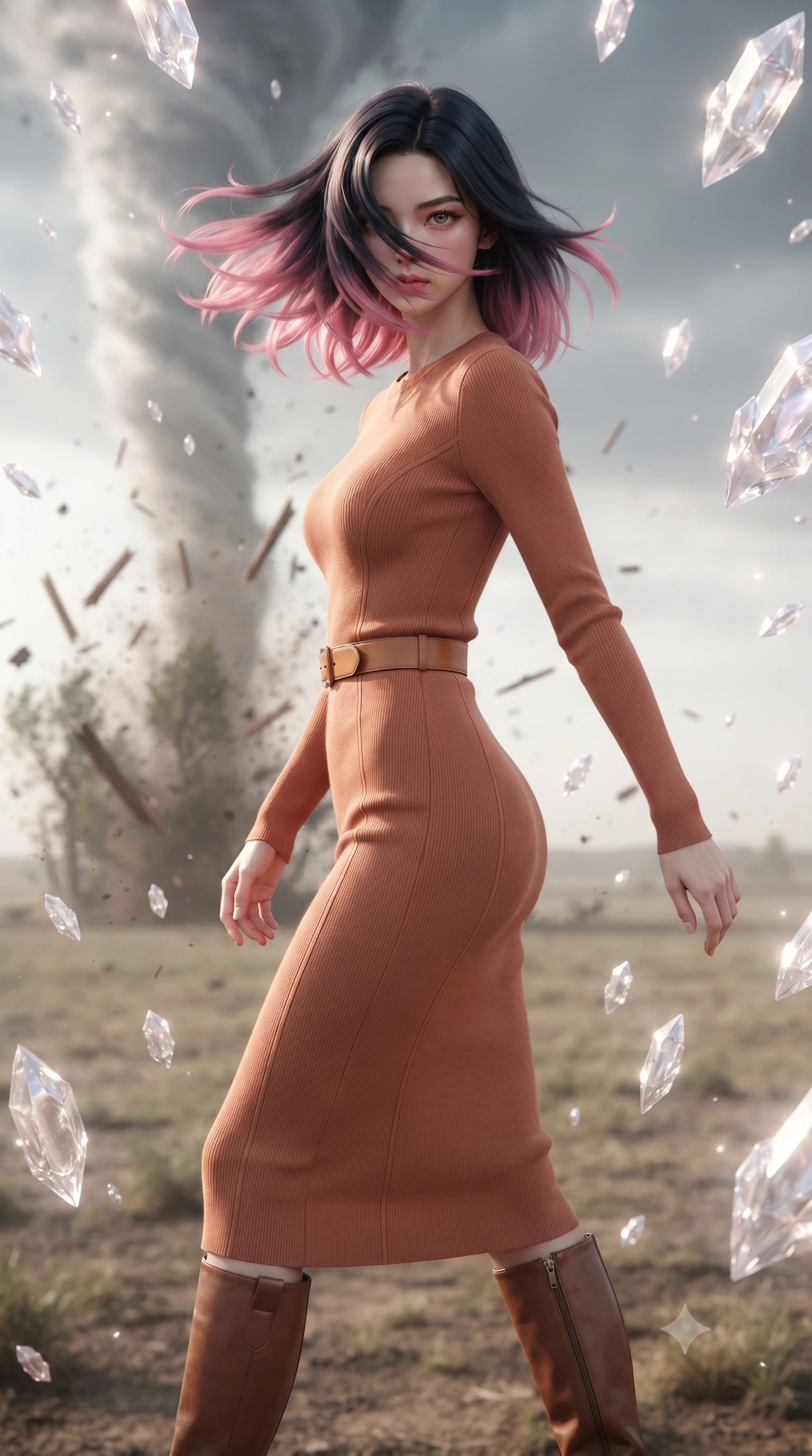 score_9, masterpiece, best quality, ultra-detailed, high-budget anime keyframe, editorial fashion photography, tasteful artistic composition, realistic cosplay photography, Korean woman. close-up cowboy shot from the waist and thighs up, the character dominates the composition, filling the frame with her large presence, background elements kept in soft focus. Executing a sudden, fast pivot to face the camera, her hair whipping violently across her face. set against a soft-focus background of an open plain where a tornado is actively ripping up trees and debris, sending wooden splinters and dirt flying in a vortex. She has an exceptionally elegant and slender, willowy female figure with an ultra-slim waist, a gracefully sculpted slender torso, and a refined slim physique. sharp v-shaped jawline, high-bridge nose, intricate jewel-like eyes with depth, thick eyelashes, glossy lips with a natural sheen. wearing tailored for maximum mobility, sleek form-contouring panels that allow fluid movement, a slim-fit long-sleeve knit midi dress in a warm terracotta tone, styled with a tan leather belt and knee-high brown boots. ethereal pearlescent light emanating from floating crystalline formations all around. ultra-reflective glossy finish, specular highlights, metallic sheen, high-contrast stereoscopic depth, volumetric dynamic lighting, 2k, ultra detail, master piece, 9:16 ratio