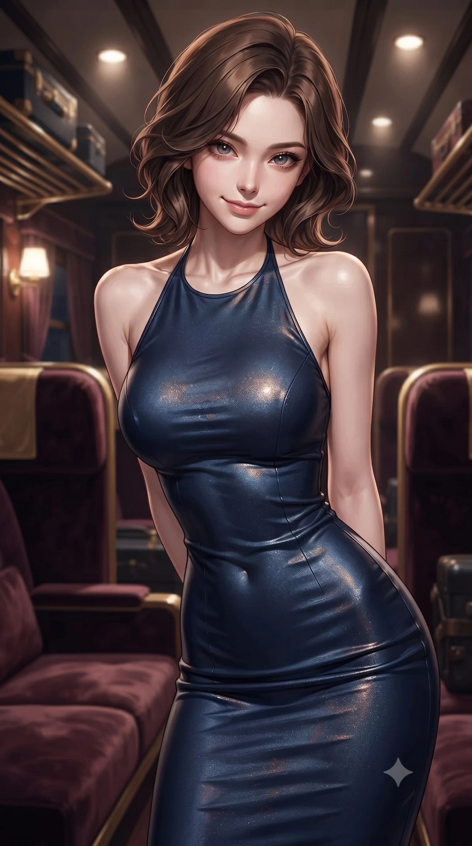 score_9, masterpiece, best quality, ultra-detailed, high-budget anime keyframe, editorial fashion photography, tasteful artistic composition, Korean woman. close-up cowboy shot from the waist and thighs up, the character dominates the composition, filling the frame with her large presence, background elements kept in soft focus. leaning slightly forward with a playful, teasing smile, her gaze locked onto the viewer the background shows a soft-focus a private compartment with plush velvet seats and gold-trimmed luggage racks. She has an exceptionally elegant, slender, and willowy female figure with an ultra-slim waist, a gracefully sculpted slender torso, and a refined silhouette. sharp v-shaped jawline, high-bridge nose, intricate jewel-like eyes with depth, thick eyelashes, glossy lips with a natural sheen. wearing a body-hugging form-fitting halter dress in deep navy blue, contouring her athletic, slender build. soft spotlighting highlighting the detailed fabrics of her outfit. ultra-reflective glossy finish, specular highlights, metallic sheen, high-contrast stereoscopic depth, volumetric dynamic lighting, 2k, ultra detail, master piece, 9:16 ratio