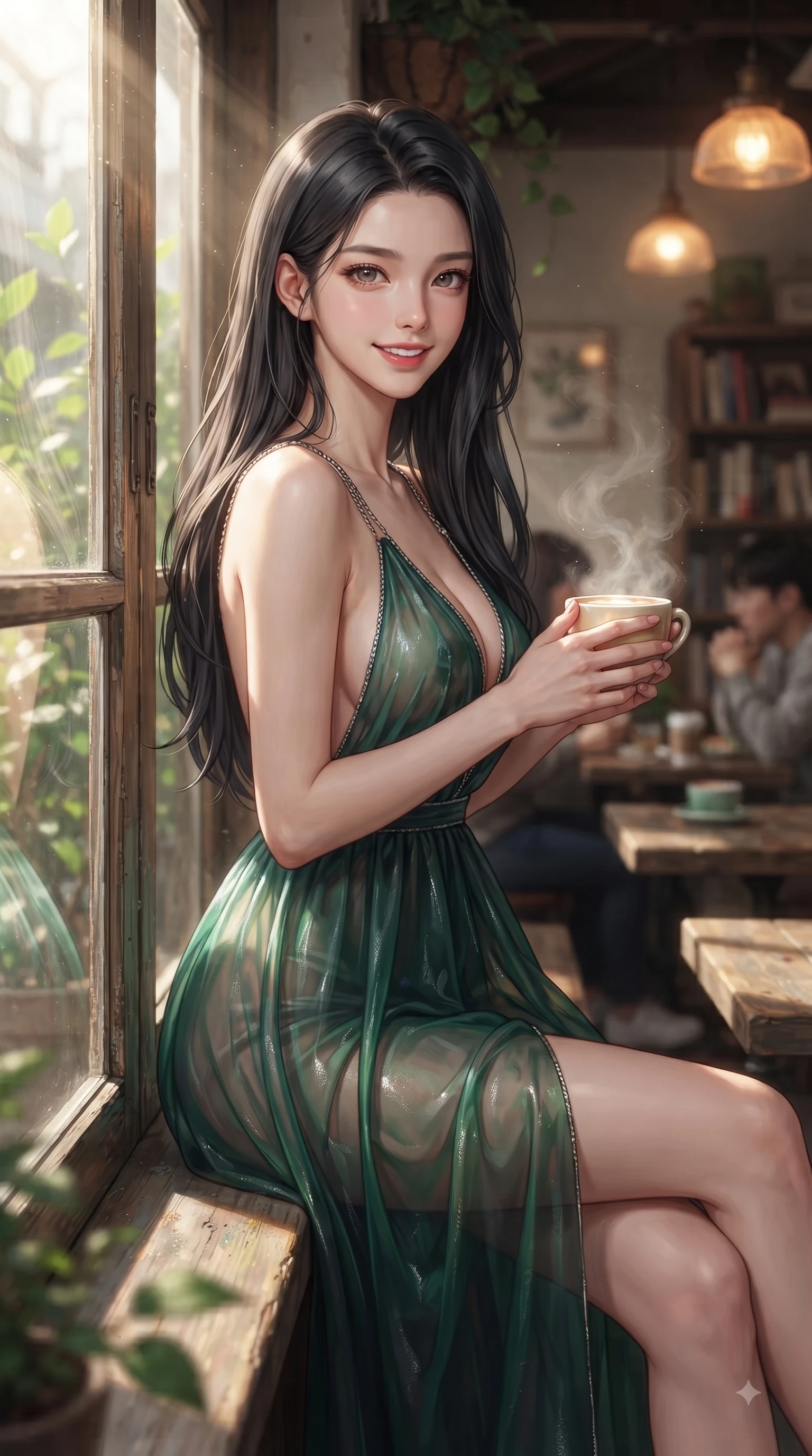 score_9, masterpiece, best quality, ultra-detailed, high-budget anime keyframe, editorial fashion photography, tasteful artistic composition, Korean woman. close-up cowboy shot from the waist and thighs up, the character dominates the composition, filling the frame with her large presence, background elements kept in soft focus. Gazing directly into the camera with a fresh, infectious smile as her torso curves dynamically in mid-stride while sitting by a sunlit wooden window inside a cozy Samcheong-dong cafe, holding a warm latte cup, steam rising gracefully from a porcelain latte cup catching bright sunbeams. She has an exceptionally elegant, slender, and willowy female figure with an ultra-slim waist, a gracefully sculpted slender torso, and a refined silhouette. sharp v-shaped jawline, high-bridge nose, intricate jewel-like eyes with depth, thick eyelashes, glossy lips with a natural sheen, flawlessly proportioned anatomical accuracy, natural body alignment, perfectly sculpted elegant limbs, clean dynamic posture without body distortion. wearing a translucent iridescent chiffon gown with a plunging neckline and open back in deep emerald green and silver accent, woven from fine semi-opaque sheer organza, adorned with delicate metallic chain straps along the neckline, the form-contouring material highlighting her ultra-slim waist and long lines. illuminated by soft glowing amber indoor lamps and gentle greenery reflections. ultra-reflective glossy finish, specular highlights, metallic sheen, high-contrast stereoscopic depth, volumetric dynamic lighting, 2k, ultra detail, master piece, 9:16 ratio