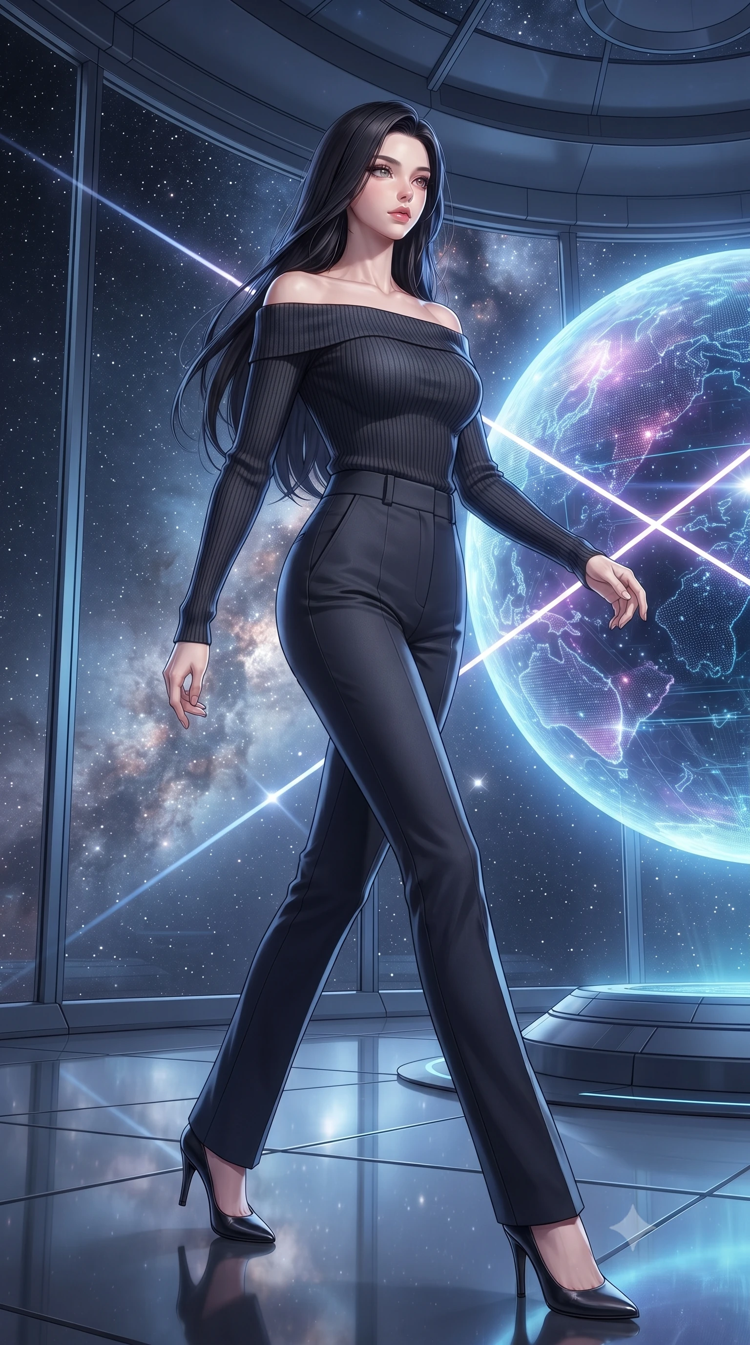 score_9, masterpiece, best quality, ultra-detailed, high-budget anime keyframe, editorial fashion photography, tasteful artistic composition, Korean woman. low angle full-body shot from head to toe showing her feet, filling the entire 9:16 vertical frame with her statuesque presence, stretching her vertical silhouette. forging dynamically through the scene, her vertical silhouette beautifully stretched interacting with a giant glowing holographic globe of a cybernetic planet, starlight and cosmic nebula clouds glowing through the floor-to-ceiling glass. She has an absolutely perfect, statuesque 8.5-heads proportion, an exceptionally tall and slender model-like female figure with impossibly long slender legs and an ultra-slim waist. sharp v-shaped jawline, high-bridge nose, intricate jewel-like eyes with depth, thick eyelashes, glossy lips with a natural sheen. wearing a sleek off-shoulder ribbed cashmere knit top paired with high-waist tailored pants, the sleek second-skin texture accentuating her magnetic presence. lit by bright volumetric laser beams and soft specular highlights. ultra-reflective glossy finish, specular highlights, metallic sheen, high-contrast stereoscopic depth, volumetric dynamic lighting, 2k, ultra detail, master piece, 9:16 ratio