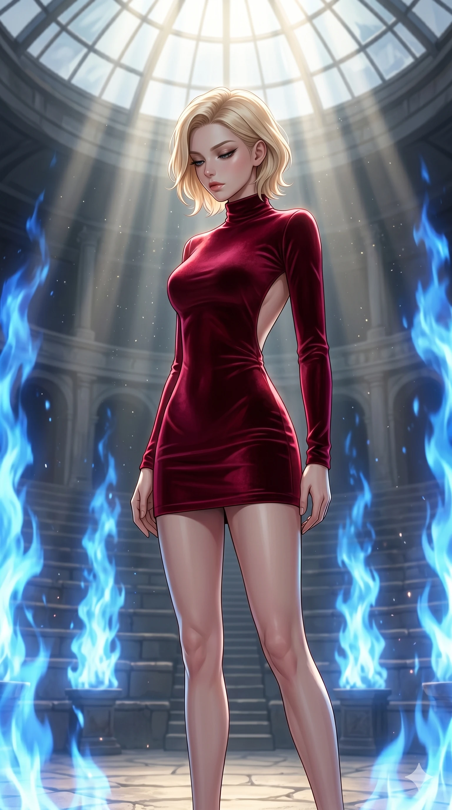 score_9, masterpiece, best quality, ultra-detailed, high-budget anime keyframe, editorial fashion photography, tasteful artistic composition, Caucasian woman, strictly human ears. cowboy shot from the thighs up, character and outfit filling the frame for maximum editorial presence. Looking down with lowered lashes and a composed, powerful expression at the center of an outdoor stone amphitheater surrounded by towering pillars of blue flame. She has an absolutely perfect 8-heads proportion, an exceptionally tall and slender female figure with impossibly long slender legs and an ultra-slim waist. V-shaped jawline, high-bridge nose, intricate jewel-like eyes with depth, thick eyelashes, glossy lips with a natural sheen. wearing a high-neck mini dress in deep crimson velvet with a dramatically scooped open-back design and a precision-fitted silhouette ending at mid-thigh. drenched in cinematic god-ray sunlight descending from a vaulted glass ceiling, illuminating her form. 2k, ultra detail, master piece, 9:16 ratio