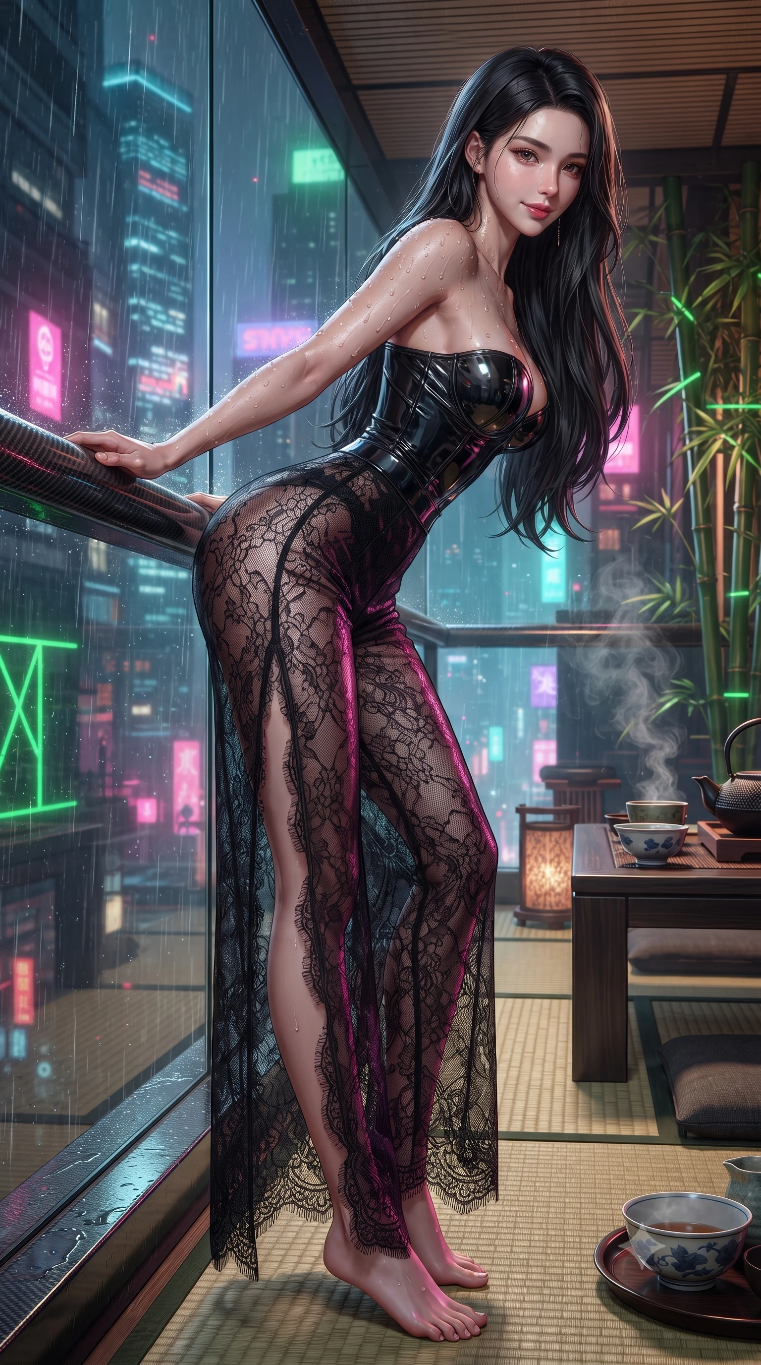 score_9, masterpiece, best quality, ultra-detailed, high-budget anime keyframe, editorial fashion photography, tasteful artistic composition, Korean woman. low angle full-body shot from head to toe showing her feet, filling the entire 9:16 vertical frame with her statuesque presence, stretching her vertical silhouette. leaning deep against the balcony balustrade with hips cocked back in an unapologetically alluring high-fashion stance, casting an intoxicating glance while twisting her slender torso in an alluring contrapposto stance, rising tea steam and rainy neon skyscraper reflections framing her curves. The surrounding environment is rendered in vivid detail and crisp panoramic clarity: sharp carbon-fiber tatami mat weave, laser emitter bamboo bases, and ceramic bowl glaze in deep focus. She has an absolutely perfect, statuesque 8.5-heads proportion, an exceptionally tall and slender model-like female figure with impossibly long slender legs, an ultra-slim waist, a flat toned midriff, narrow delicate ribcage, and beautifully sculpted feminine hips creating a graceful, slim hourglass silhouette without any bulky heaviness. sharp v-shaped jawline, high-bridge nose, sparkling eyes with hypnotic seductive depth, thick curled eyelashes, glossy parted lips with a natural dewy peach sheen, alluring bedroom-eyes with an enchanting coquettish smile, exuding magnetic siren charisma and sophisticated glamour, flawlessly proportioned anatomical accuracy, strict slender model proportions, natural body alignment, perfectly sculpted long slender limbs, ultra-slim waistline, clean dynamic posture without body distortion. wearing a wet-look form-fitting vinyl bustier paired with sheer chiffon high-slit wide-leg trousers in wet-look onyx black with electric magenta reflections, made of delicate semi-sheer French Chantilly lace with intricate eyelash edges, finished with glistening drops of pool water beading across her sculpted shoulders and collarbones, the liquid-tight tailored fabric clinging flawlessly to her narrow waist and rounded feminine hips, emphasizing every millimeter of her sculpted slim hourglass curves without any bulky heaviness. bathed in warm 2800K tea table downlighting mixed with vibrant green laser lattice accents and exterior neon fill. ultra-reflective glossy finish, specular highlights, rich textural contrasts, high-contrast stereoscopic depth, volumetric dynamic lighting, 2k, ultra detail, master piece, 9:16 ratio