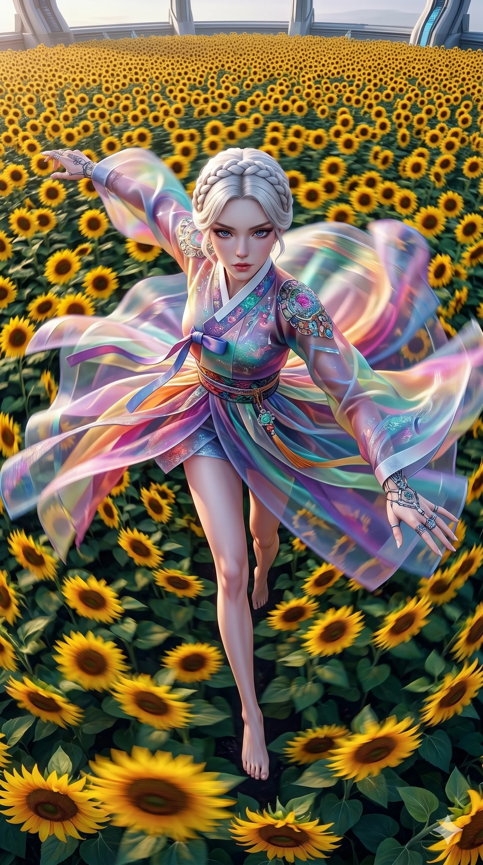 score_9, masterpiece, best quality, ultra-detailed, photorealistic 8k CG, hyper-detailed textures, ray-tracing, Japanese woman. Extreme high angle shot as she leaps towards the camera, filling the frame. spinning in a field of sunflowers that all sway in time with her. She has an absolutely perfect 8-heads proportion, an exceptionally tall and slender female figure with an ultra-slim waist and impossibly long slender legs. strictly human anatomy, two legs only, no extra limbs, clearly defined legs and arms, perfect anatomy, perfect hands and fingers. sharp v-shaped jawline, high-bridge nose, intricate jewel-like eyes, thick eyelashes, glossy lips. Wearing Modern Traditional: Shortened cyber-hanbok with fusion silk robes and transparent panels. The scene is illuminated by dramatic atmospheric lighting and vibrant color palettes. , 2k, ultra detail, master piece, 9:16 ratio