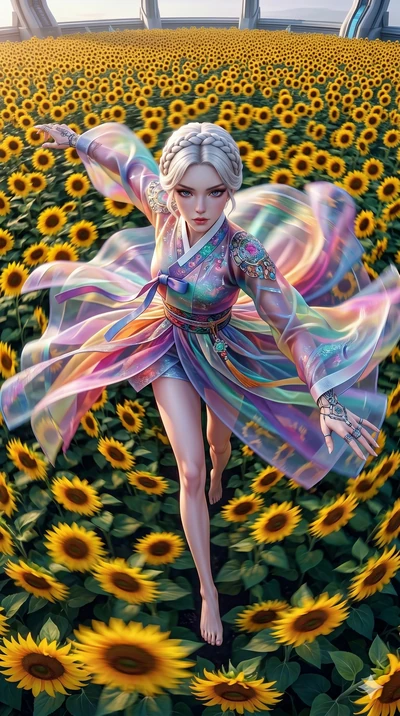 score_9, masterpiece, best quality, ultra-detailed, photorealistic 8k CG, hyper-detailed textures, ray-tracing, Japanese woman. Extreme high angle shot as she leaps towards the camera, filling the frame. spinning in a field of sunflowers that all swa