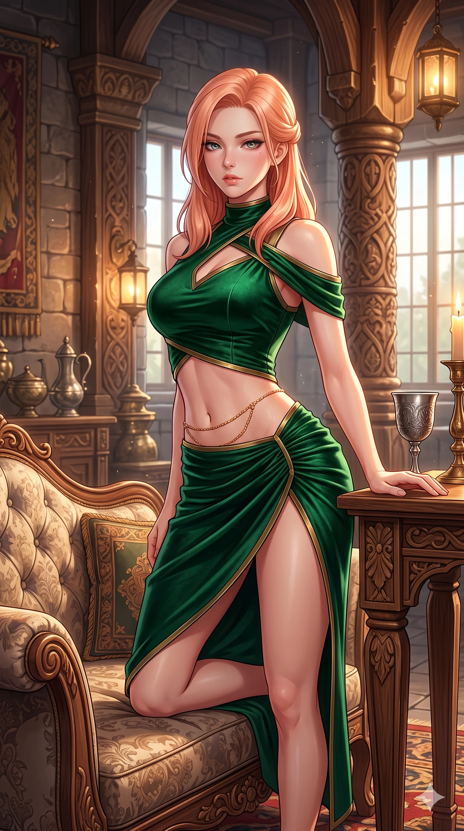 score_9, masterpiece, best quality, ultra-detailed, high-budget anime keyframe, semi-realistic 3D game render, editorial fashion photography, tasteful artistic composition, Japanese woman. close-up cowboy shot from the waist and thighs up, the character dominates the composition, filling the frame with her large presence. perched sideways on the lounge seat, one knee drawn up to showcase her slender leg line while her arched back accentuates her feminine hip curve while leaning against the carved oak high-table with hips cocked back, toying with an antique silver goblet with smoldering anime bedroom-eyes. The surrounding environment is rendered in vivid detail and crisp panoramic clarity: detailed anime keyframe lines, rich fabric textures, and monumental fortress craftsmanship in razor-sharp precision. She has an exceptionally elegant, slender, and willowy female figure with an ultra-slim waist, flat toned midriff, narrow ribcage, and sculpted feminine hips creating an alluring, slim hourglass silhouette without bulk. sharp v-shaped jawline, high-bridge nose, intricate jewel-like eyes with depth, thick eyelashes, glossy parted lips with a natural sheen, intensely captivating and seductive bedroom-eyes expression, flawlessly proportioned anatomical accuracy, strict slender model proportions, natural body alignment, perfectly sculpted long slender limbs, ultra-slim waistline, clean dynamic posture without body distortion. wearing a form-contouring cocktail dress with an asymmetrical open shoulder and hip-defining ruching in emerald velvet and antique brass, tailored from water-resistant treated wool gabardine and flexible stretch silk, accented with a dainty gold belly chain resting across her flat midriff and curving hips, the high-slit wrap tailoring accentuating her ultra-slim waistline and the enchanting curve of her feminine hips with alluring seductive charm. highly saturated vibrant anime colors, detailed shading with soft gradients, rich glossy textures, master piece, 9:16 ratio. highly saturated vibrant anime colors, detailed shading with soft gradients, rich glossy textures, high-contrast stereoscopic depth, volumetric dynamic lighting, master piece, 9:16 ratio