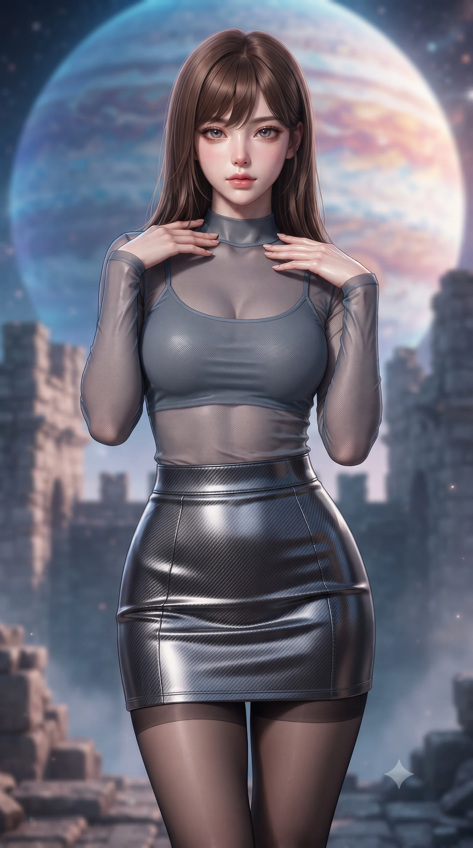 score_9, masterpiece, best quality, ultra-detailed, high-budget anime keyframe, editorial fashion photography, tasteful artistic composition, Korean woman. close-up cowboy shot from the waist and thighs up, the character dominates the composition, filling the frame with her large presence, background elements kept in soft focus. standing in a relaxed, elegant posture with both hands resting lightly on her collarbone, looking at the viewer with bedroom-eyes, the background shows a soft-focus ruined stone battlements of a citadel suspended in orbit around a gas planet. She has an exceptionally elegant, slender, and willowy female figure with an ultra-slim waist, a gracefully sculpted slender torso, and a refined silhouette. sharp v-shaped jawline, high-bridge nose, intricate jewel-like eyes with depth, thick eyelashes, glossy lips with a natural sheen. wearing a body-hugging semi-transparent mesh top in slate grey, paired with a carbon-fiber mini skirt and sheer stockings. cosmic background light painting the ancient stone walls in a soft wash. ultra-reflective glossy finish, specular highlights, metallic sheen, high-contrast stereoscopic depth, volumetric dynamic lighting, 2k, ultra detail, master piece, 9:16 ratio