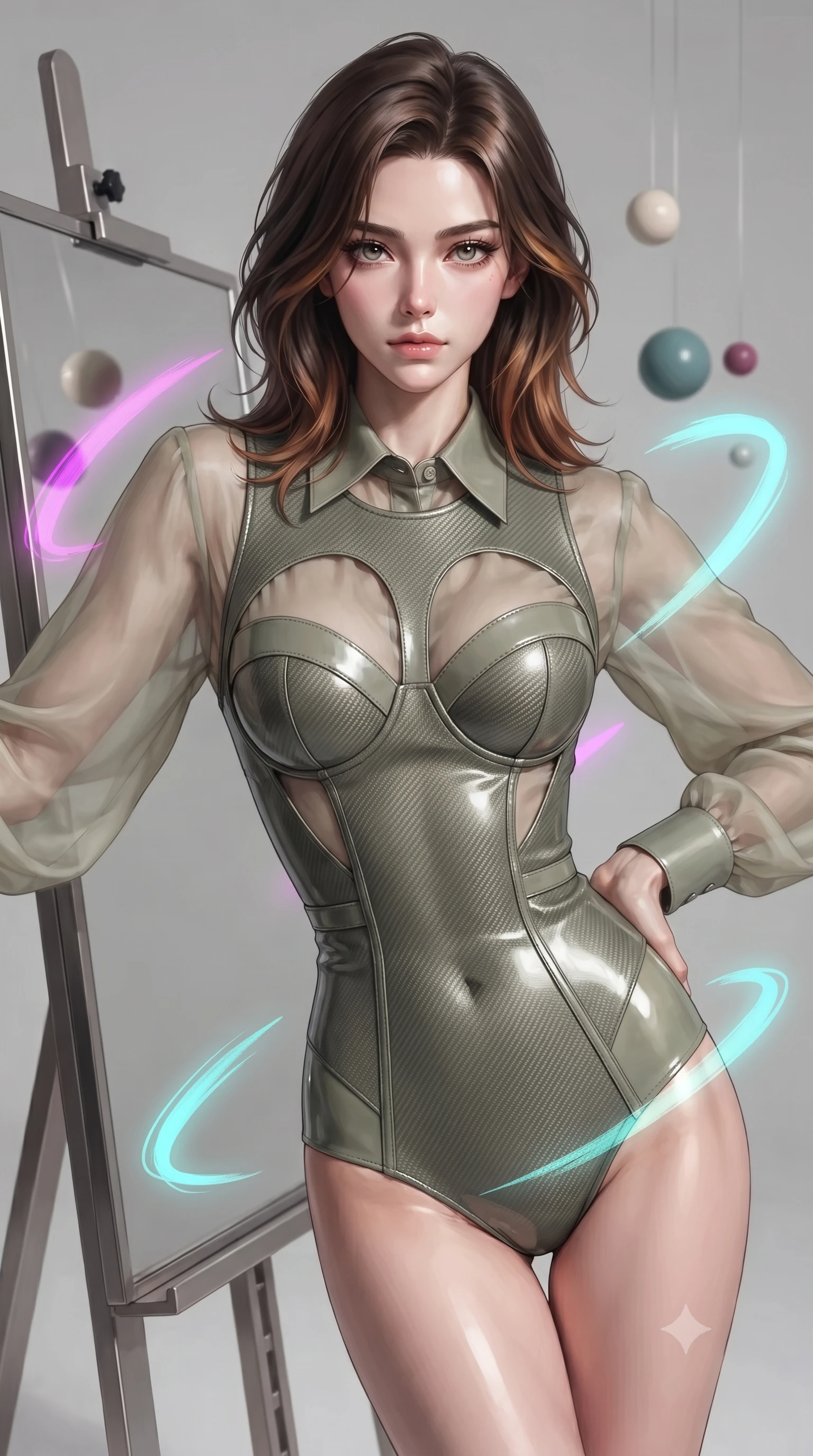 score_9, masterpiece, best quality, ultra-detailed, high-budget anime keyframe, editorial fashion photography, tasteful artistic composition, Korean woman. close-up cowboy shot from the waist and thighs up, the character dominates the composition, filling the frame with her large presence, background elements kept in soft focus. Holding a confident power pose with one hand on her hip, gazing directly into the camera with quiet intensity leaning against a mirrored easel surrounded by suspended pigment spheres, glowing neon brushstrokes floating poetically around her silhouette. She has an exceptionally elegant, slender, and willowy female figure with an ultra-slim waist, a gracefully sculpted slender torso, and a refined silhouette. sharp v-shaped jawline, high-bridge nose, intricate jewel-like eyes with depth, thick eyelashes, glossy lips with a natural sheen. wearing a tailored leather bustier over a sheer silk chiffon blouse in sage green and oatmeal, made of fine carbon-fiber weave and soft matte leather, featuring clean architectural cutouts along her slender torso, the sleek second-skin texture accentuating her magnetic presence. surrounded by a radiant glow of magenta and aqua fluid highlights. ultra-reflective glossy finish, specular highlights, metallic sheen, high-contrast stereoscopic depth, volumetric dynamic lighting, 2k, ultra detail, master piece, 9:16 ratio