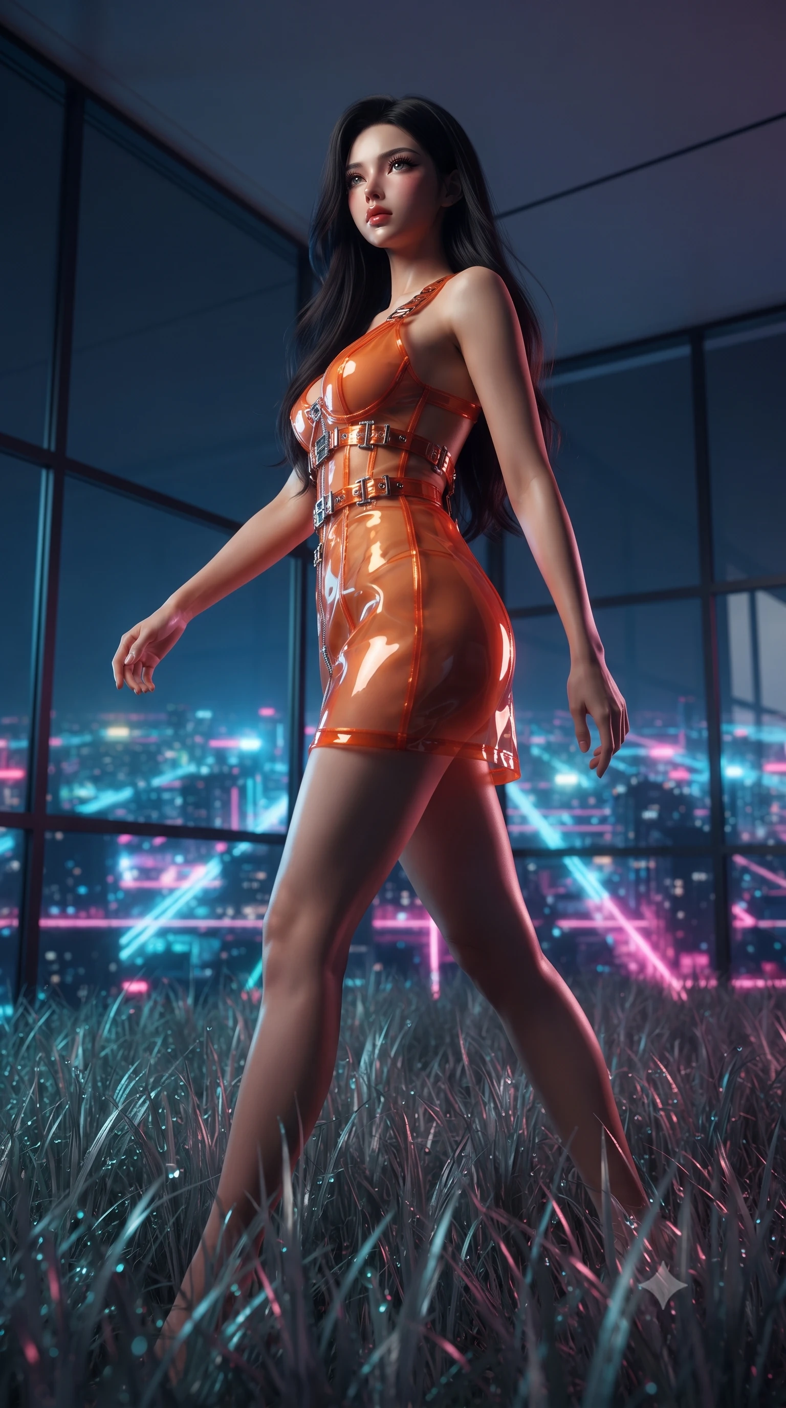 score_9, masterpiece, best quality, ultra-detailed, High-budget Anime Keyframe, editorial fashion photography, tasteful artistic composition, realistic cosplay photography, East Asian woman. Low angle cowboy shot filling the entire 9:16 frame with her statuesque presence. Scenario 544: walking through a field of tall silver grass at a luxury penthouse with floor-to-ceiling glass walls overlooking a neon grid. Her presence is magnetic and overpowering in this high-budget cinematic scene. Outfit 544: a slim-fit sunset orange sheer organza corset dress with a dramatic backless design and metallic buckles. The clothing is designed to emphasize her exceptionally tall and slender 8-heads proportion. 8-heads proportion, towering silhouette, ultra-slim waist. sharp v-shaped jawline, intricate jewel-like eyes with depth, thick eyelashes, glossy lips. ultra-reflective glossy finish, specular highlights, metallic sheen, high-contrast stereoscopic depth, volumetric dynamic lighting, 2k, ultra detail, master piece, 9:16 ratio